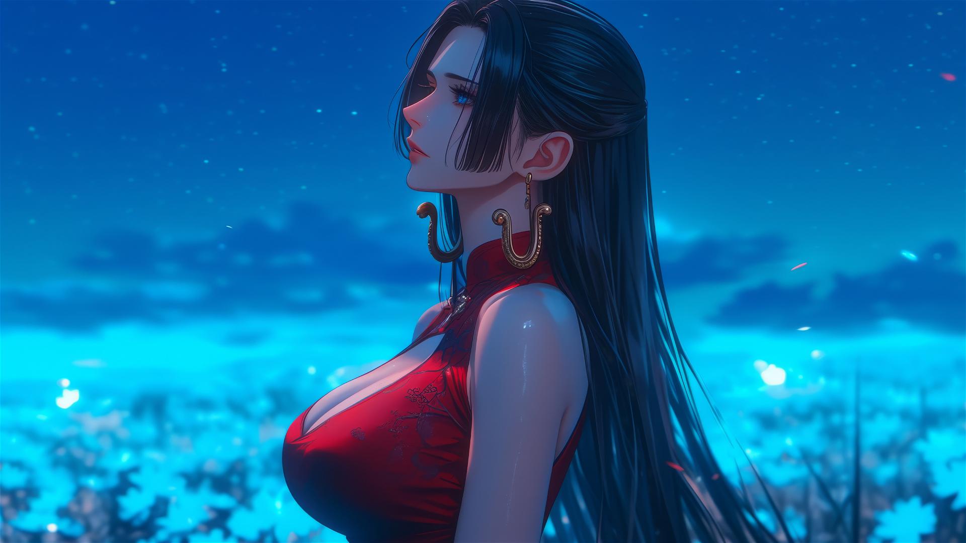 Boa Hancock from One Piece walking in blooming fields under moonlit starry sky