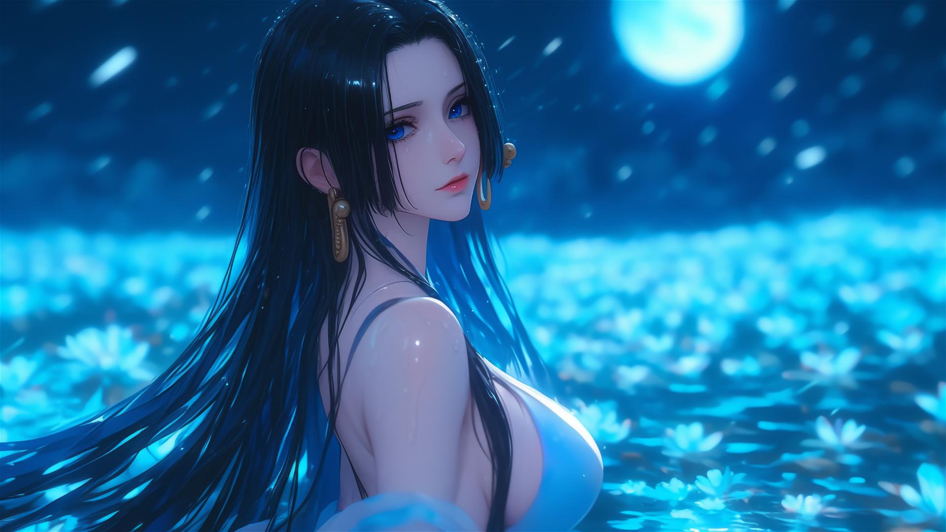 Boa Hancock from One Piece walking in blooming fields at night with moonlight on her