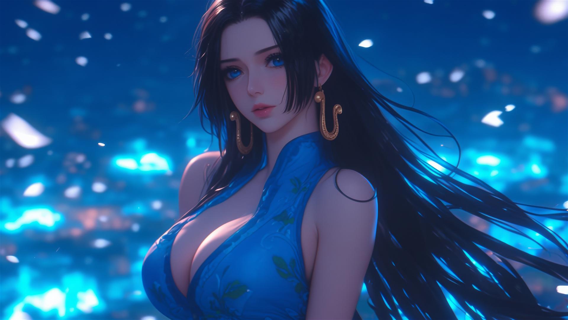 Boa Hancock from One Piece leisurely walking on fields under starry night with moonlight glow