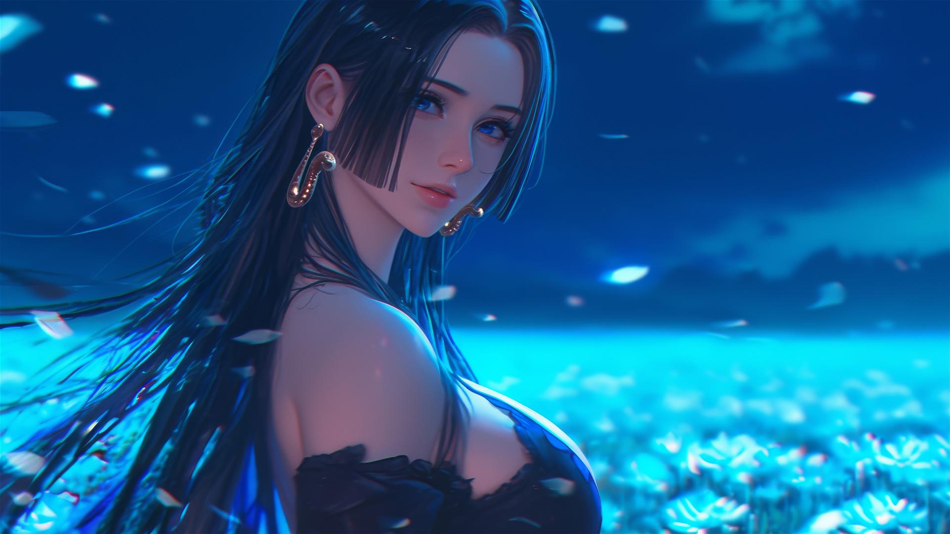 Boa Hancock from One Piece, leisurely walking on blooming fields under starry night with moon light casting a soft glow on her in a black dress