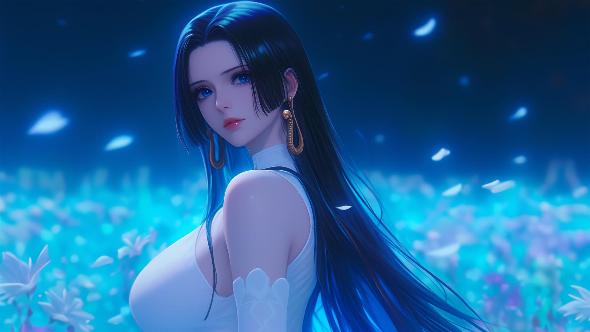 Boa Hancock walking through blooming fields under a starry night sky, moonlight casting a soft glow on her figure.