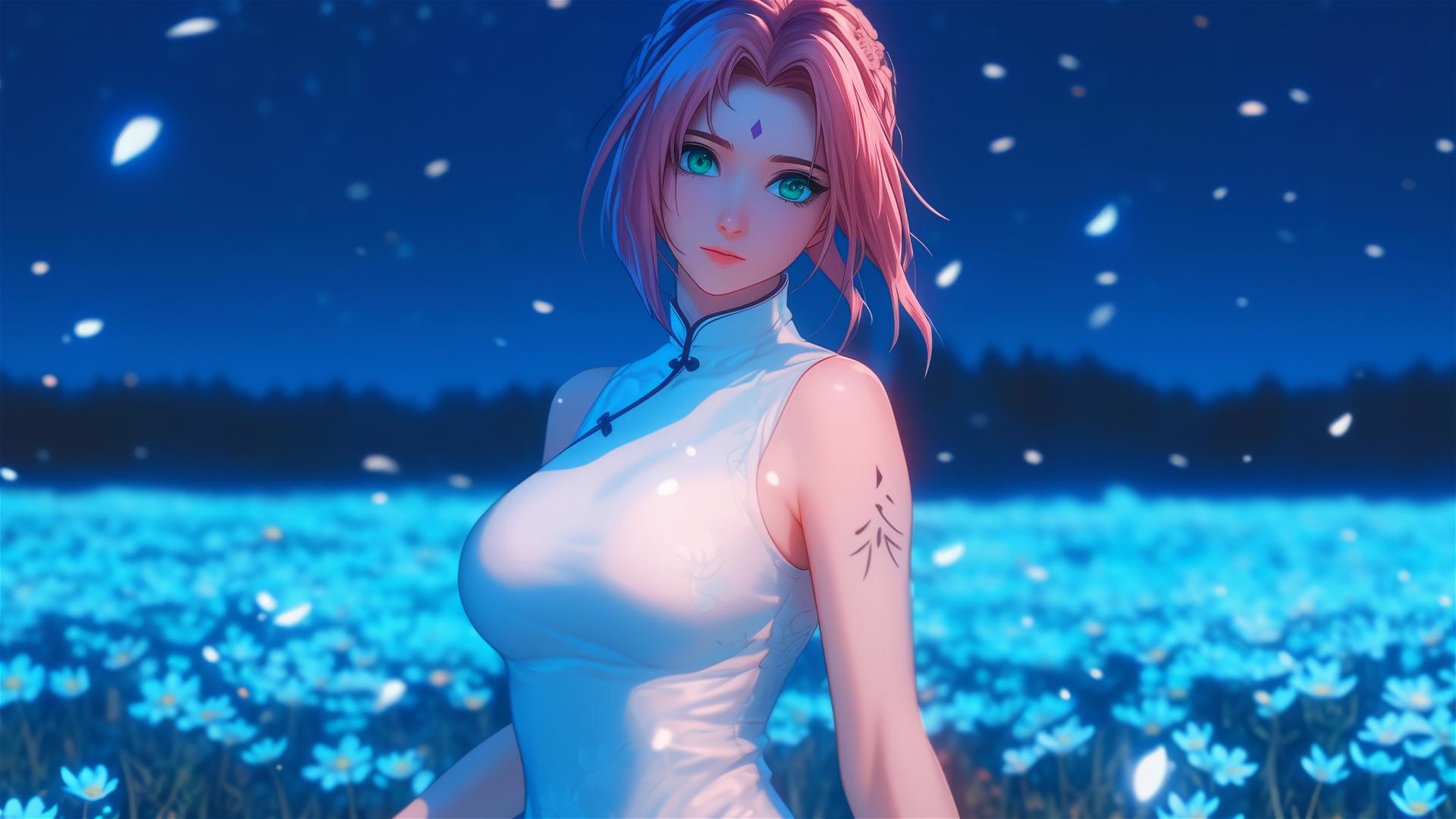 Sakura Haruno from Naruto leisurely walking on blooming fields under starry night and moonlight glow