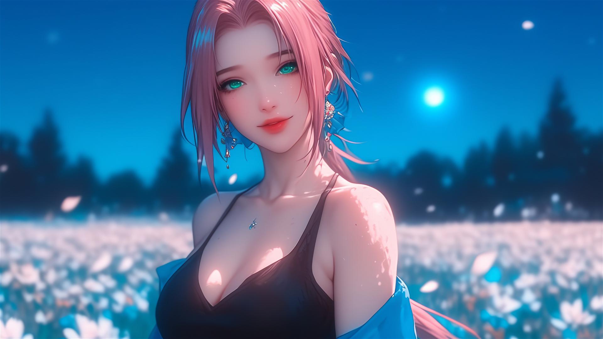 Sakura Haruno from Naruto walking on blooming fields under starry night with moon glow