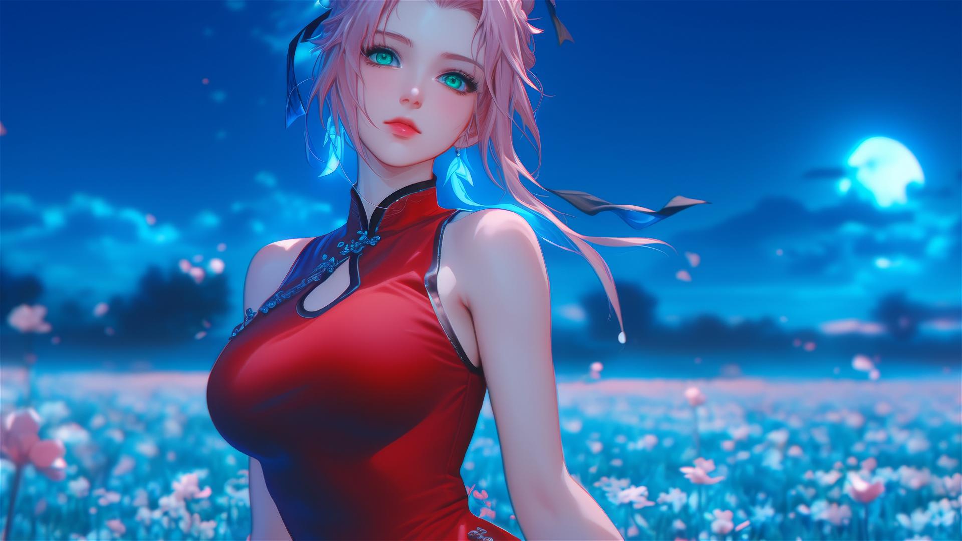 Sakura Haruno from Naruto walking on blooming fields under starry night with moonlight casting a soft glow on her figure