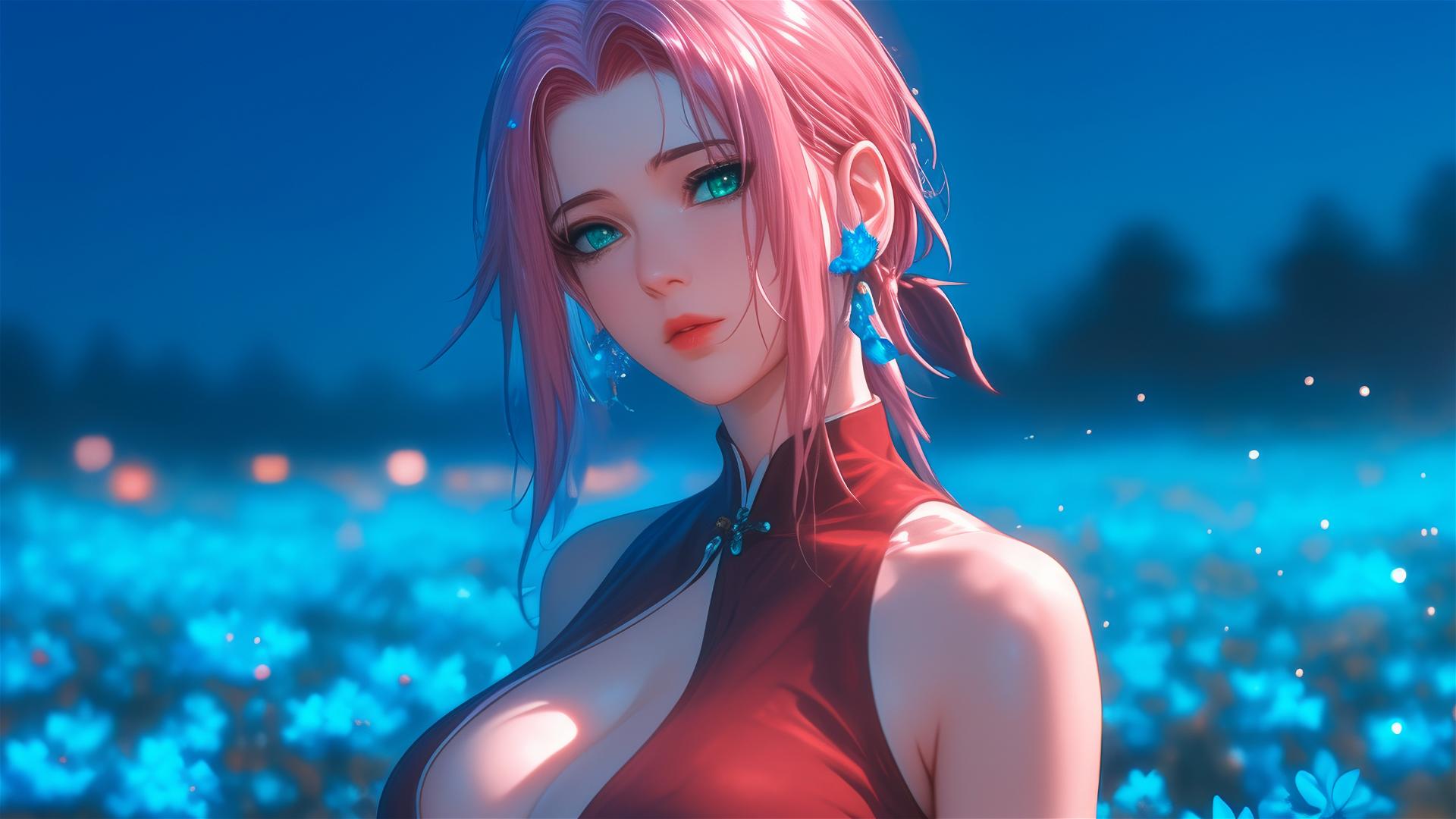 Sakura Haruno walking in blooming fields under starry night with moonlight glow