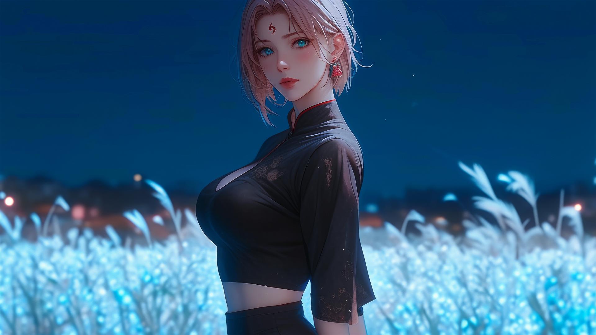 Sakura Haruno from Naruto walking in blooming fields at night with moonlight casting a soft glow