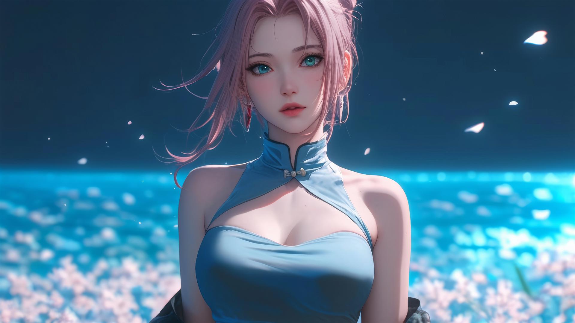 Sakura Haruno from Naruto walking in blooming fields under starry sky with moonlight on her.
