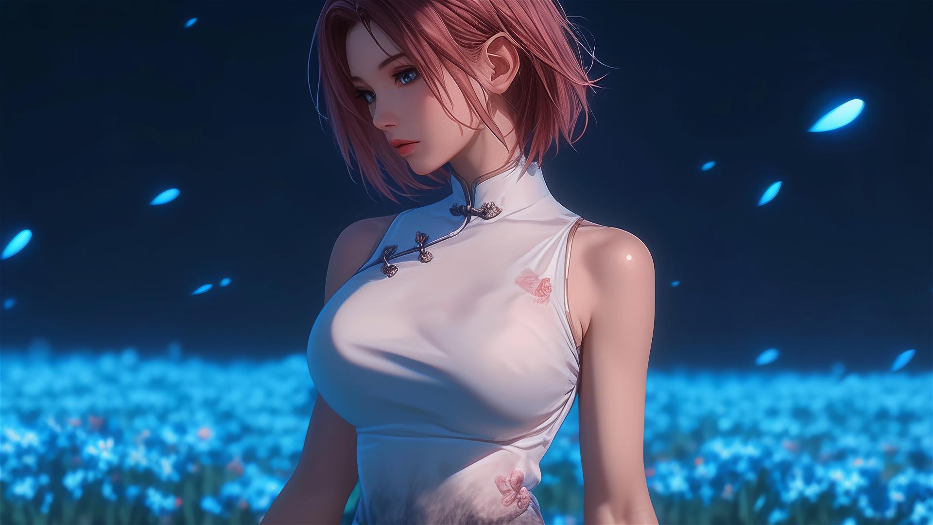 Sakura Haruno leisurely walking in blooming fields at night under the moonlight