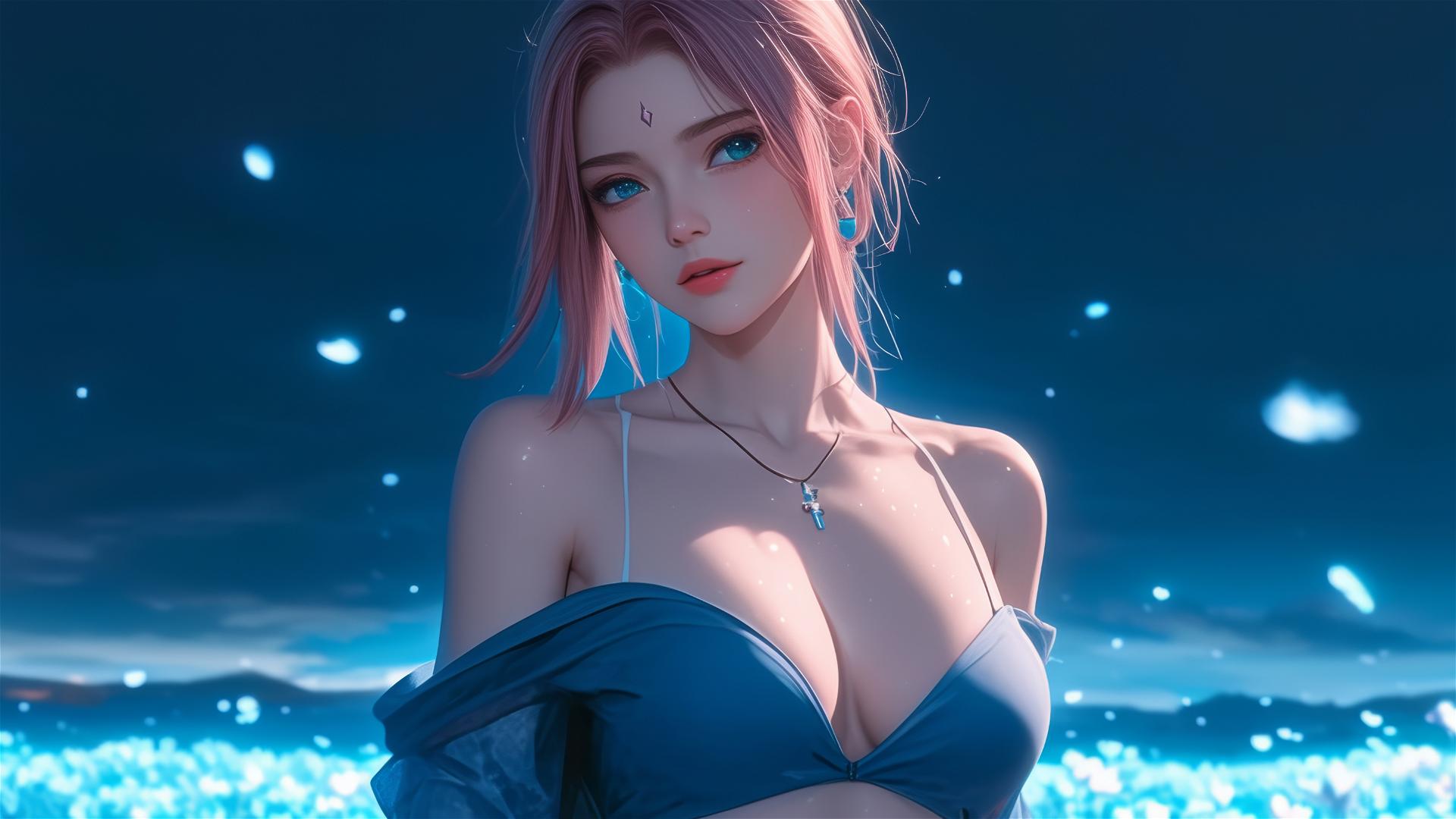 Sakura Haruno from Naruto walking in blooming fields at night, illuminated by moonlight, aesthetic and dreamy atmosphere