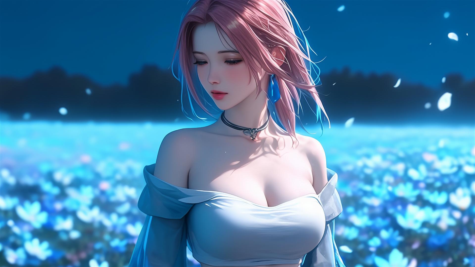 Sakura Haruno from Naruto strolling on blossoming fields under starry night with moonlight illuminating her figure, portraying tranquility