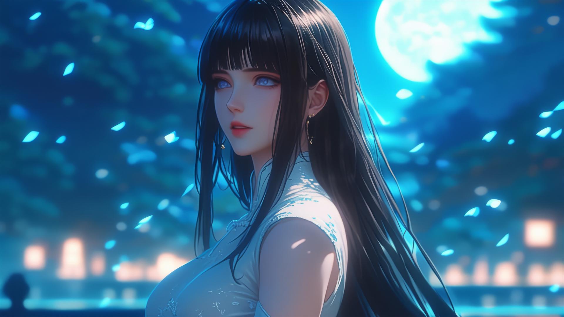 Hinata Hyuga from Naruto walking under a starry night sky on a hill with moonlight casting a soft glow