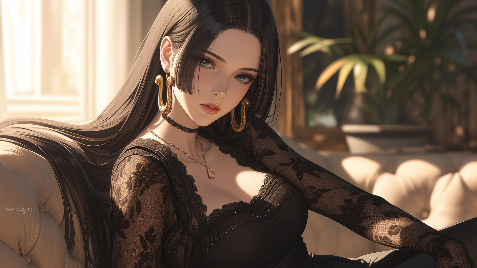 Boa Hancock from One Piece walking through an art gallery with soft lighting