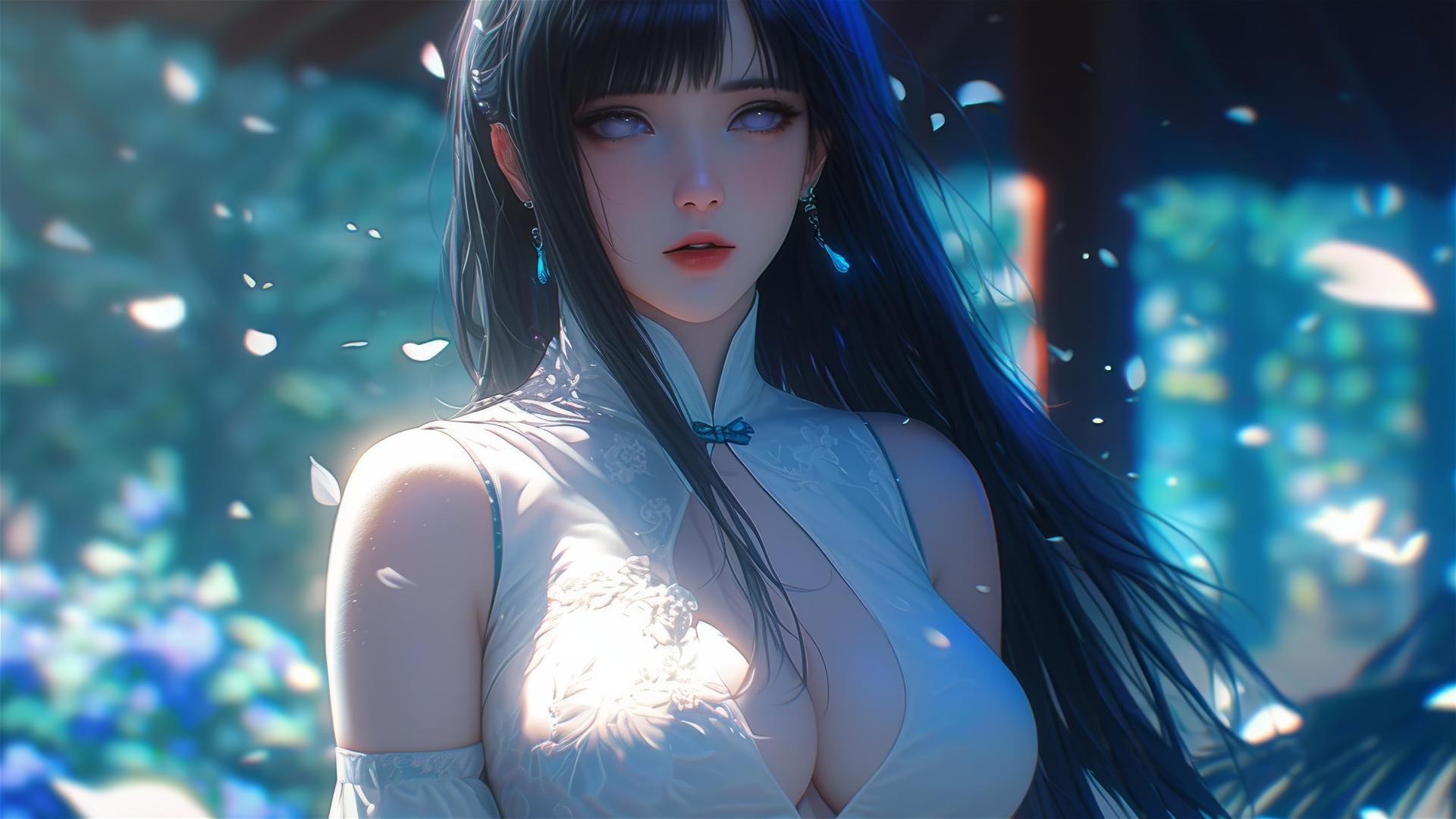 Hinata Hyuga from Naruto walking in a blooming garden with a soft sunlight glow