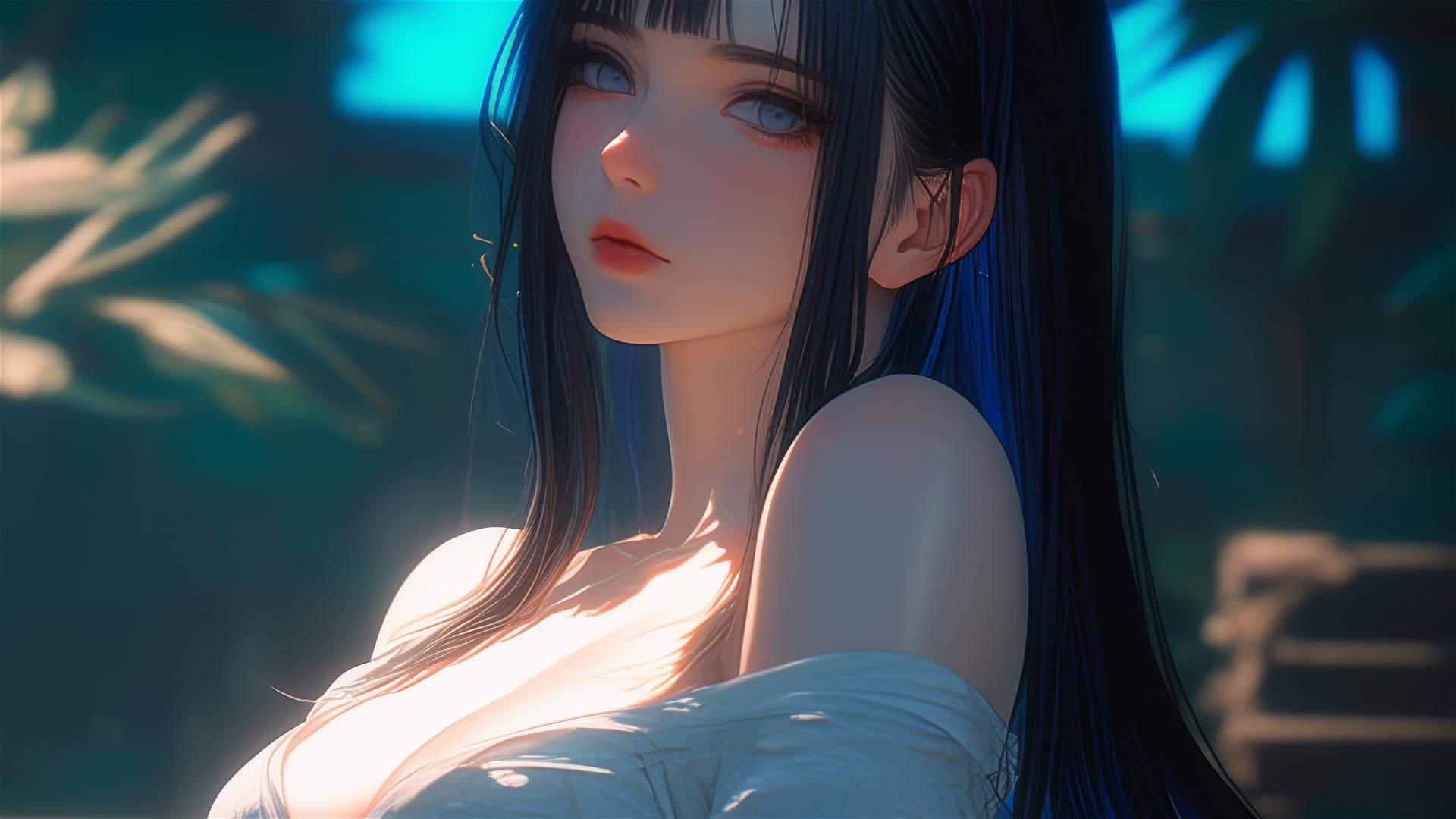 Hinata Hyuga from Naruto idly wandering at home with sunlight casting a soft glow on her figure