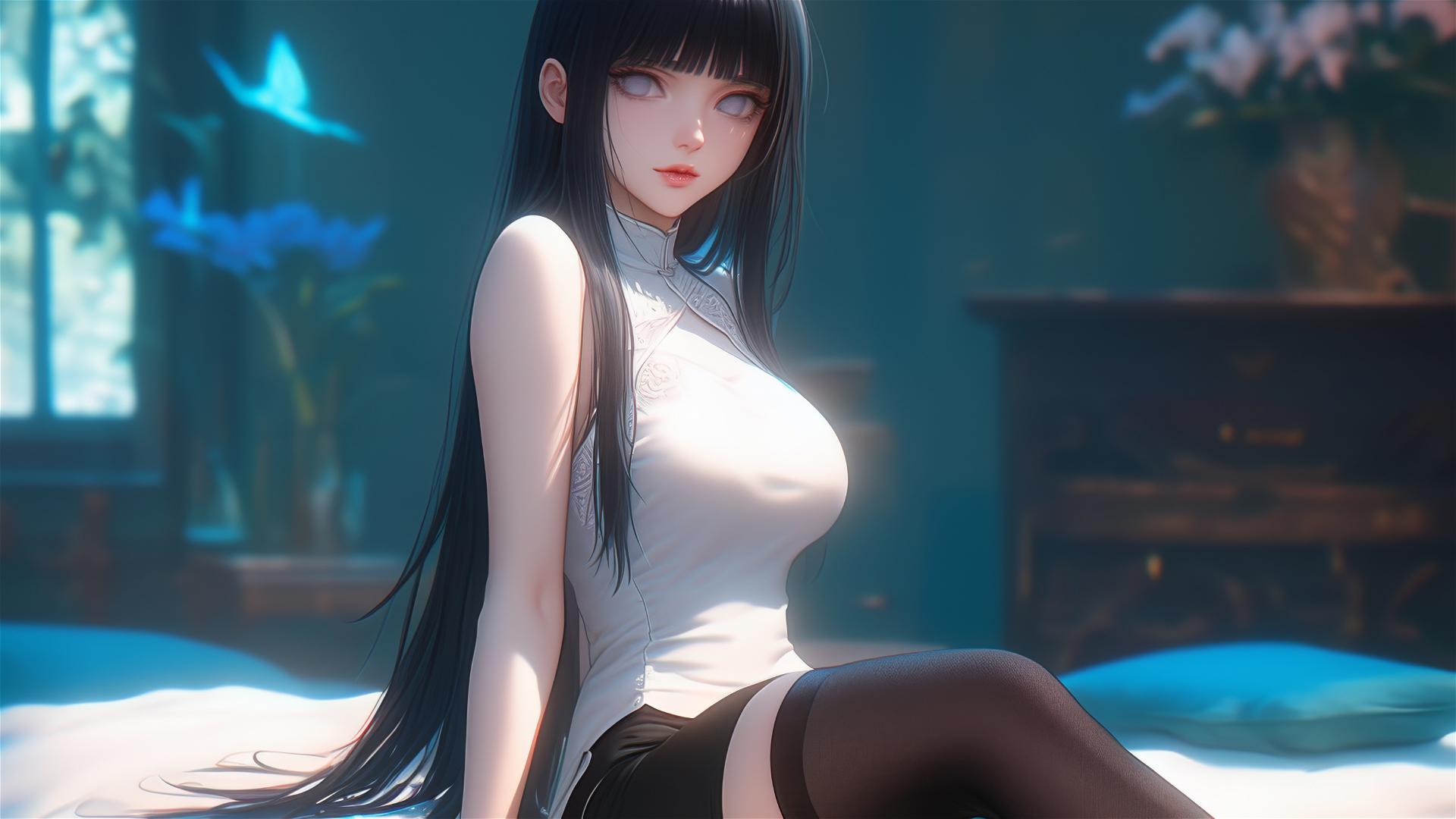 Hinata Hyuga from Naruto show, at home in soft sunlight