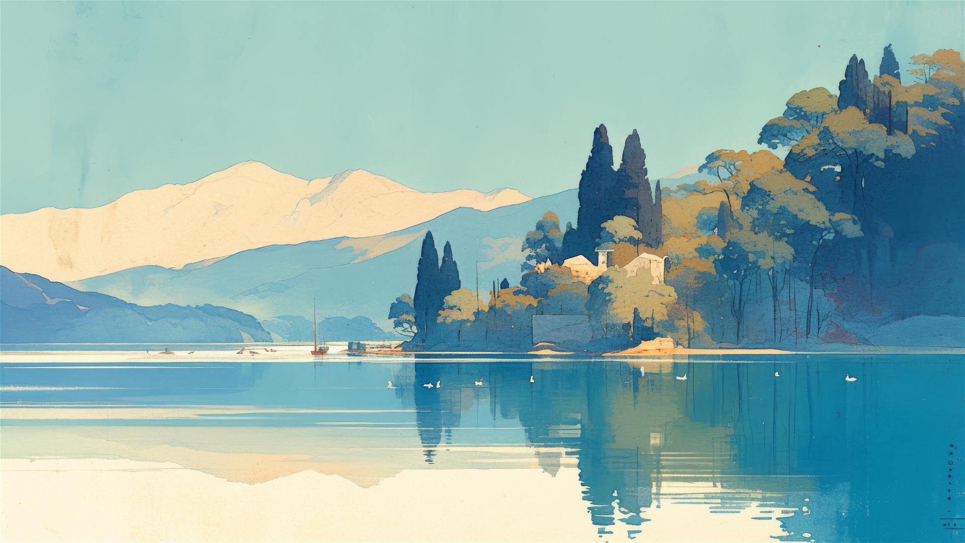 Minimalist woodcut painting of a lake, mountains, a hidden manor, a small fishing boat, and swans with a Mondrian color scheme and white background