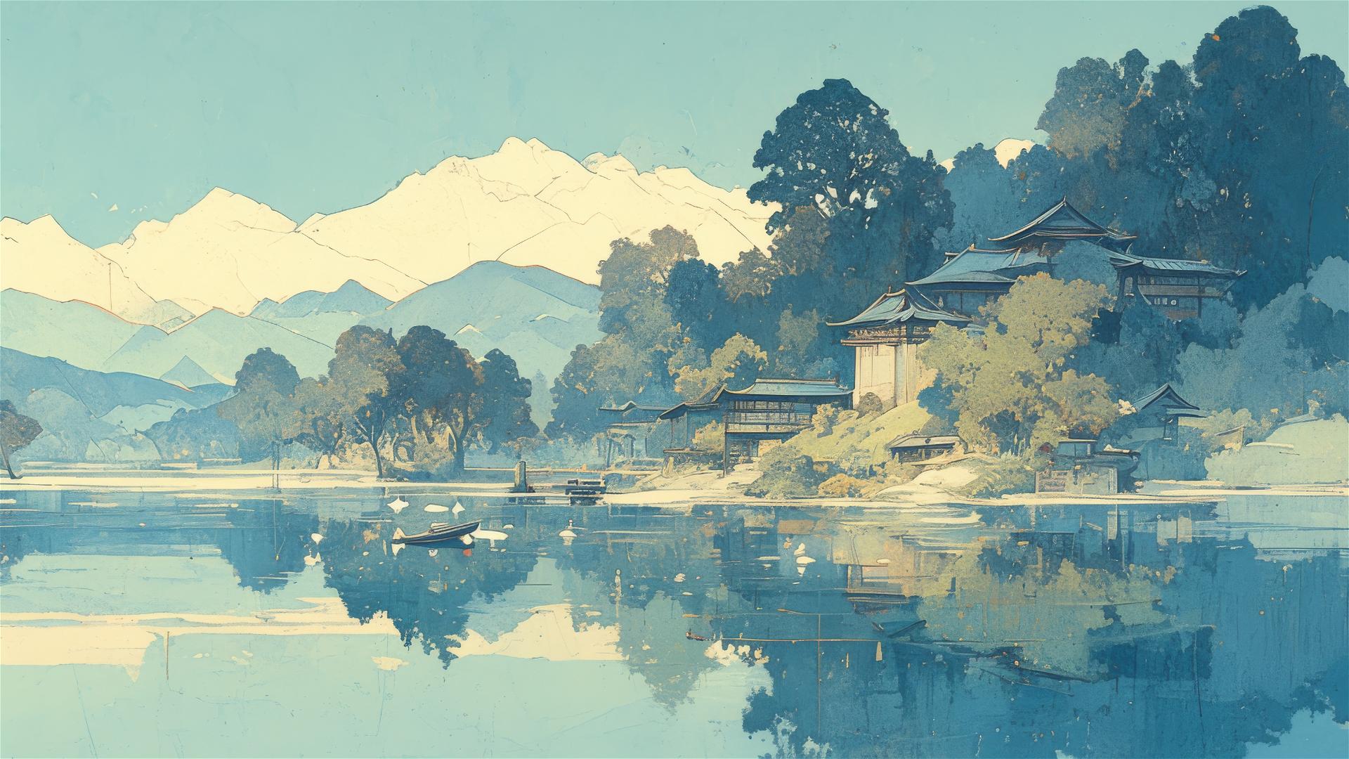 Minimalist woodcut painting of a serene lake scene with mountains, a hidden manor, a fishing boat, and swans.