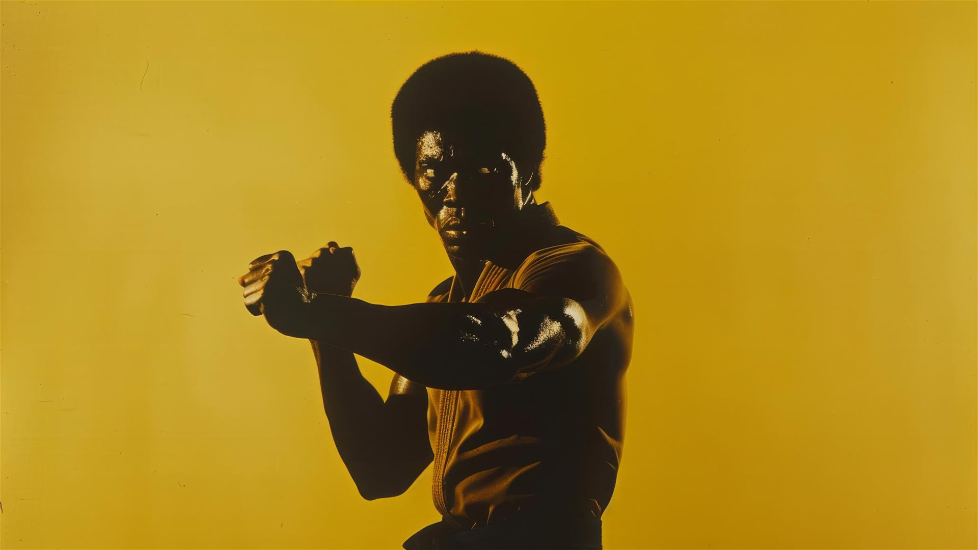 Silhouette of a 1970s-era Black martial artist on a yellow background