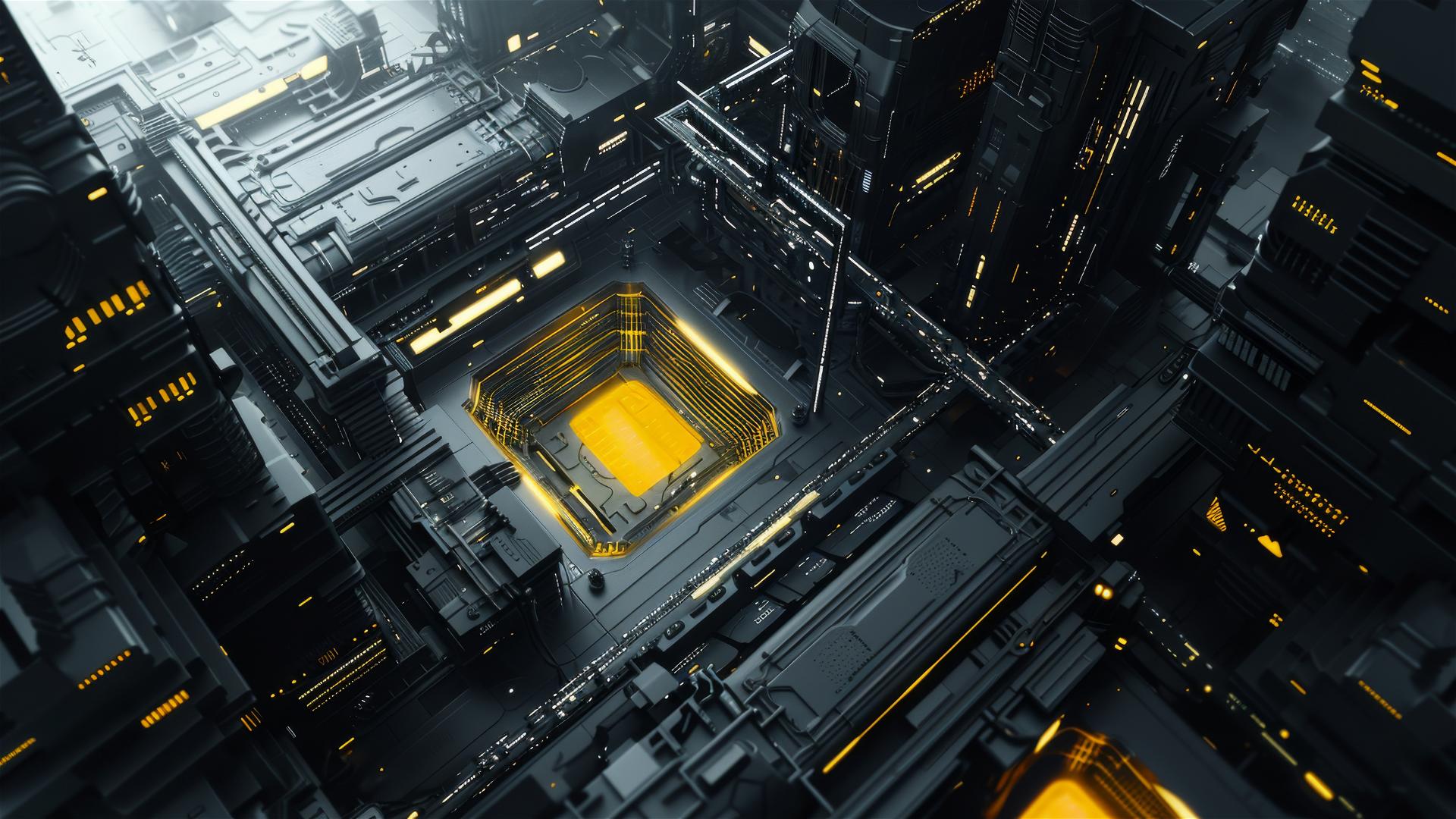 Cinematic drone photo of a futuristic city in grayscale with one building lit by a yellow light