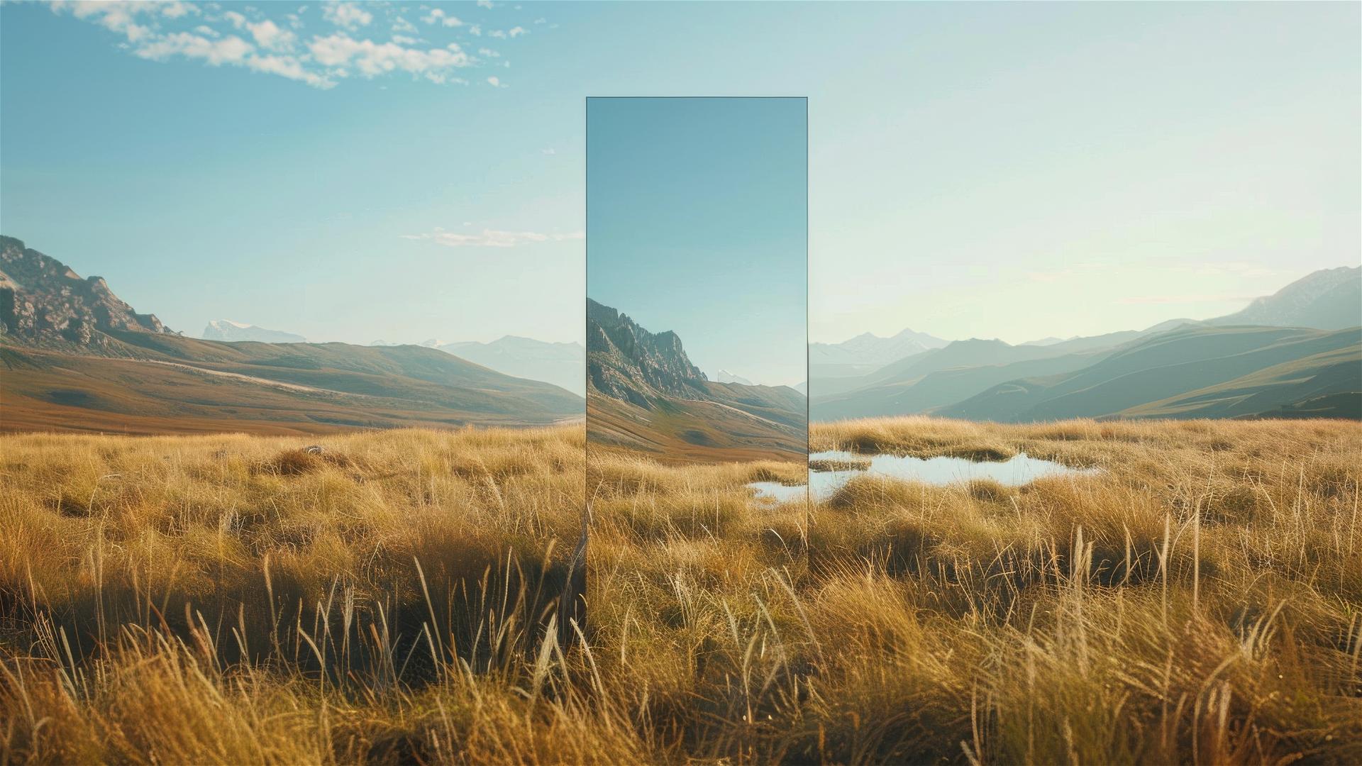 Rectangular mirror in mountain meadow showing a conference room