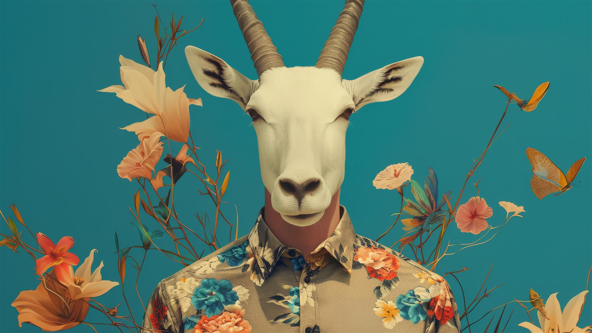 Arab man and Arabian oryx in Hsiao-Ron Cheng hyper-realistic style with neon colors on black