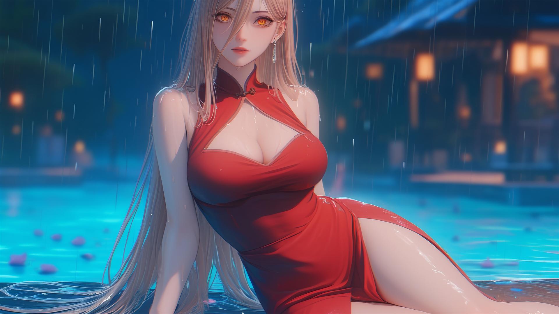 Power from Chainsaw Man relaxing at rainy pool, focus on thighs, blond hair, red horns, yellow eyes, in red dress.