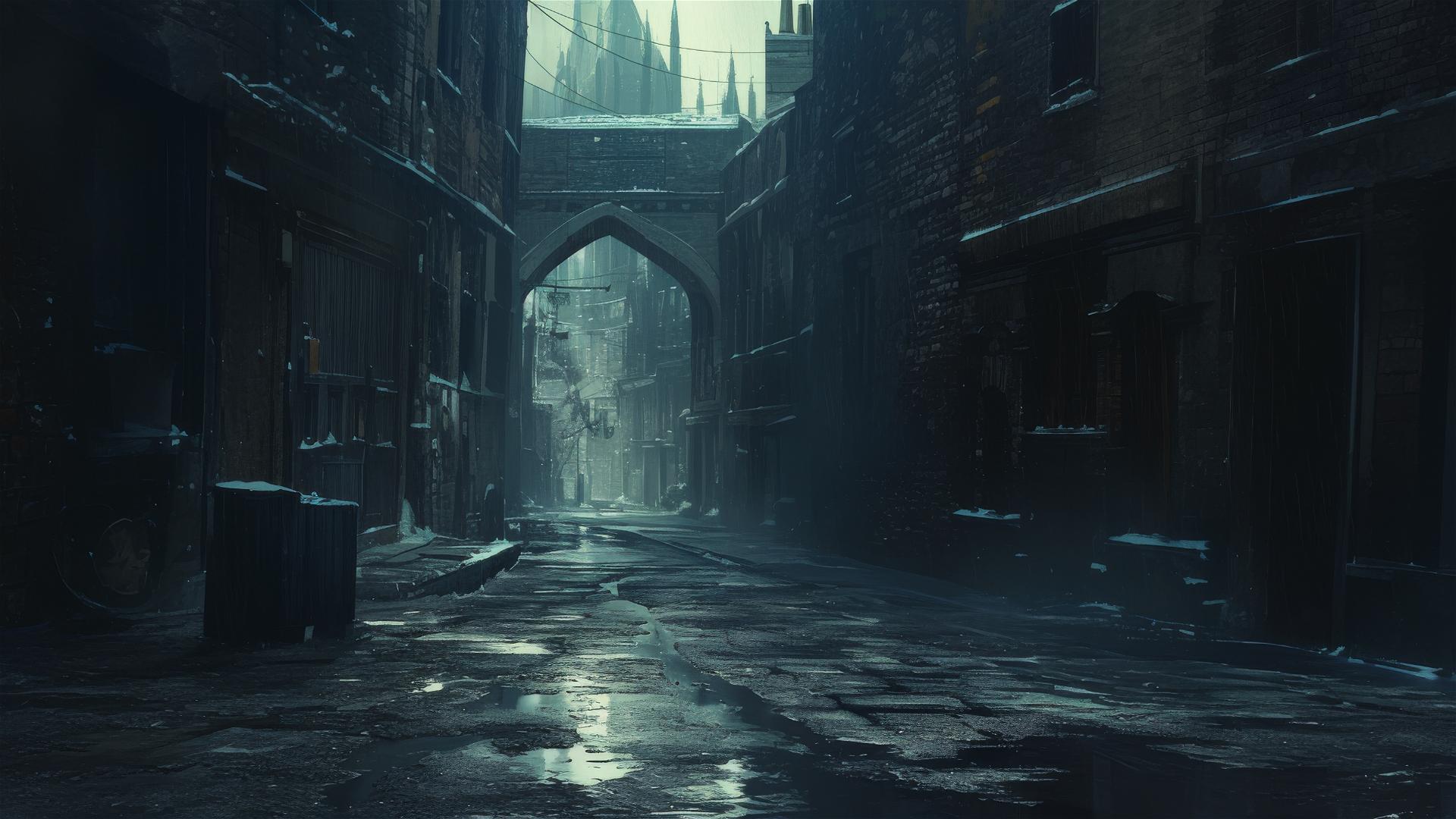 Dark alleyway with wet cobblestones reflecting moonlight