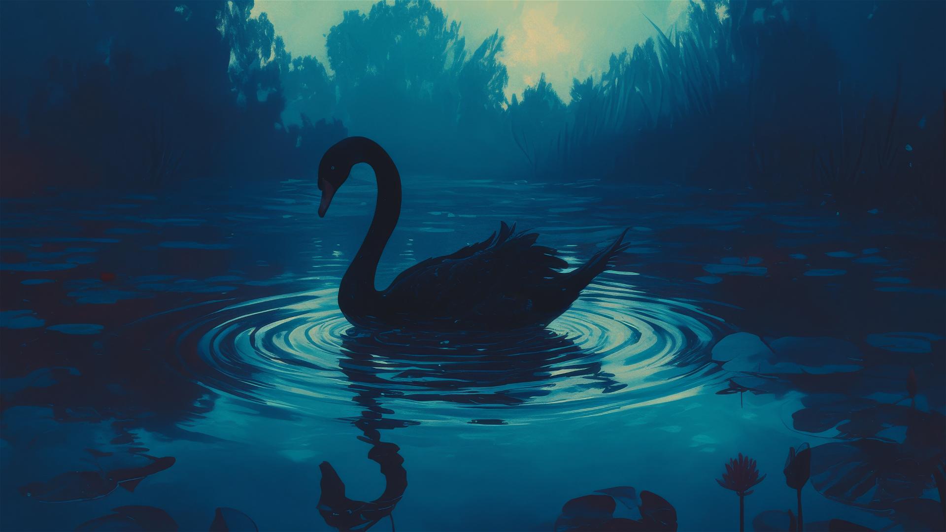 Black swan merges with midnight lake in serene scene