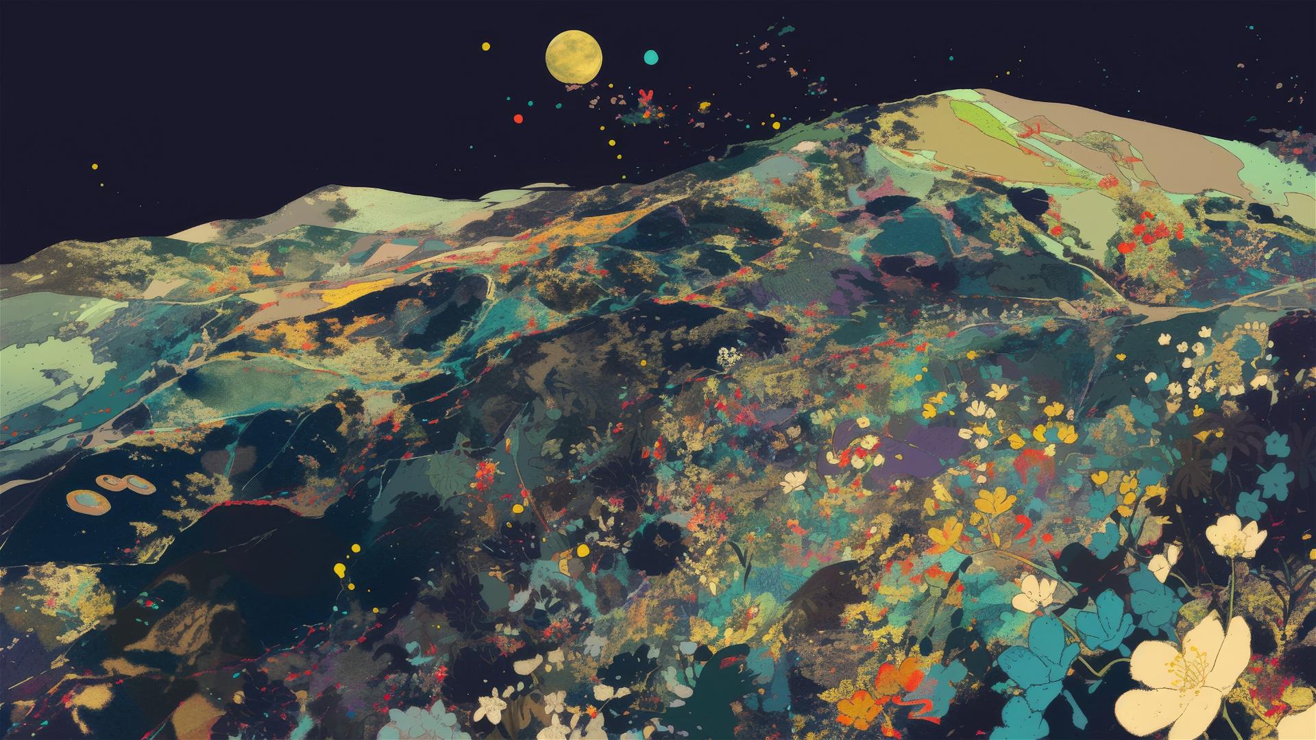 Moonlit wildflowers on a dark hilltop creating a natural mosaic