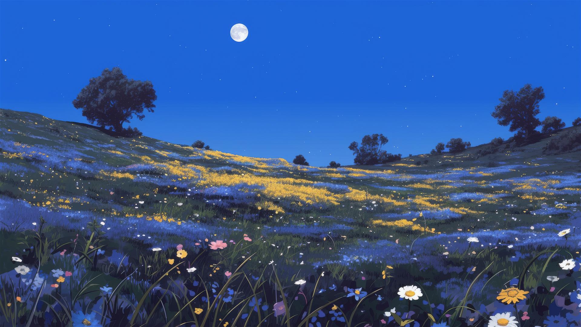 Aesthetic dark hilltop with wildflowers visible only by the moon's reflection on their petals, creating a natural, floral mosaic, wild and free