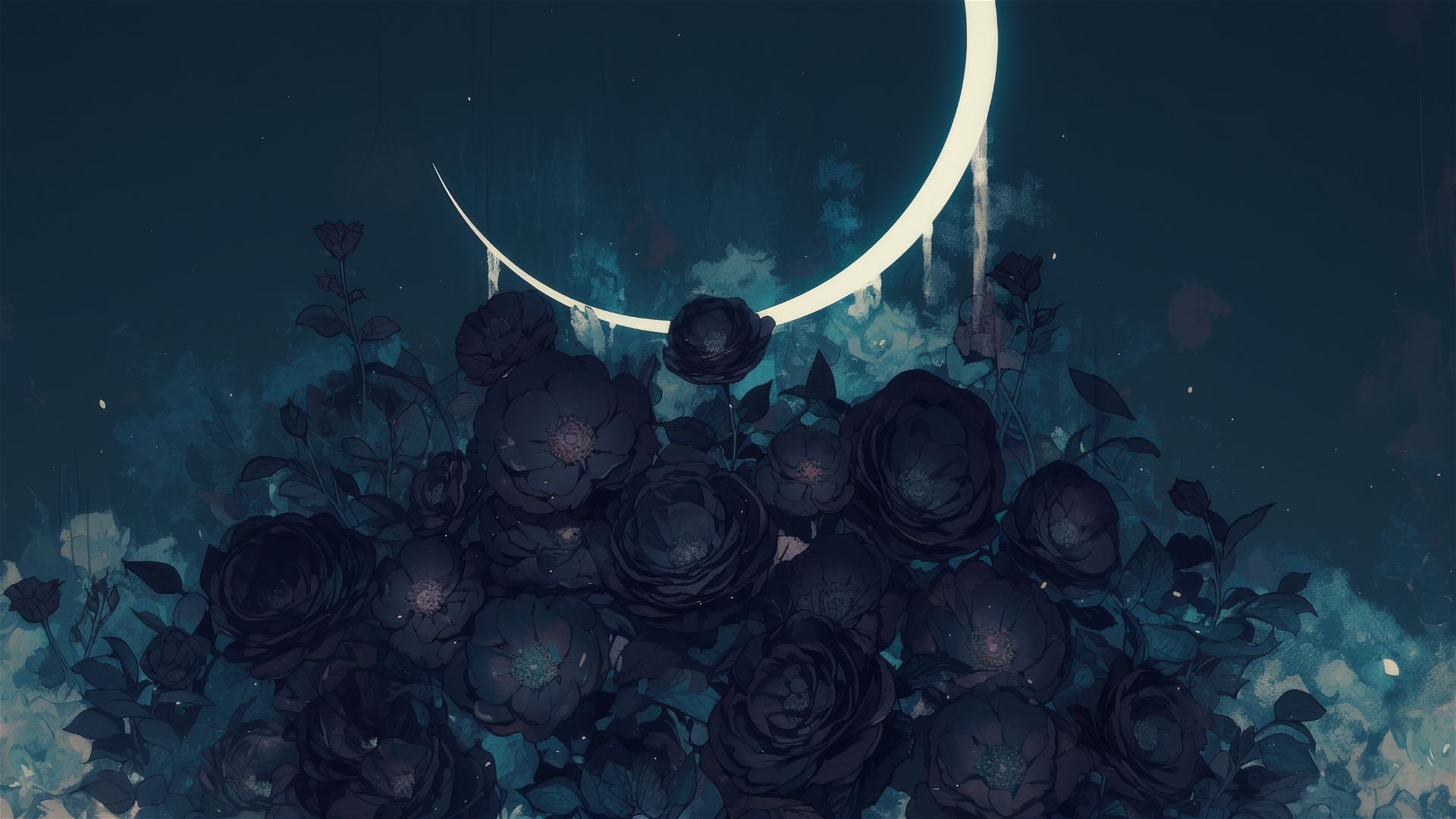 Black roses blooming in a midnight garden under a crescent moon
