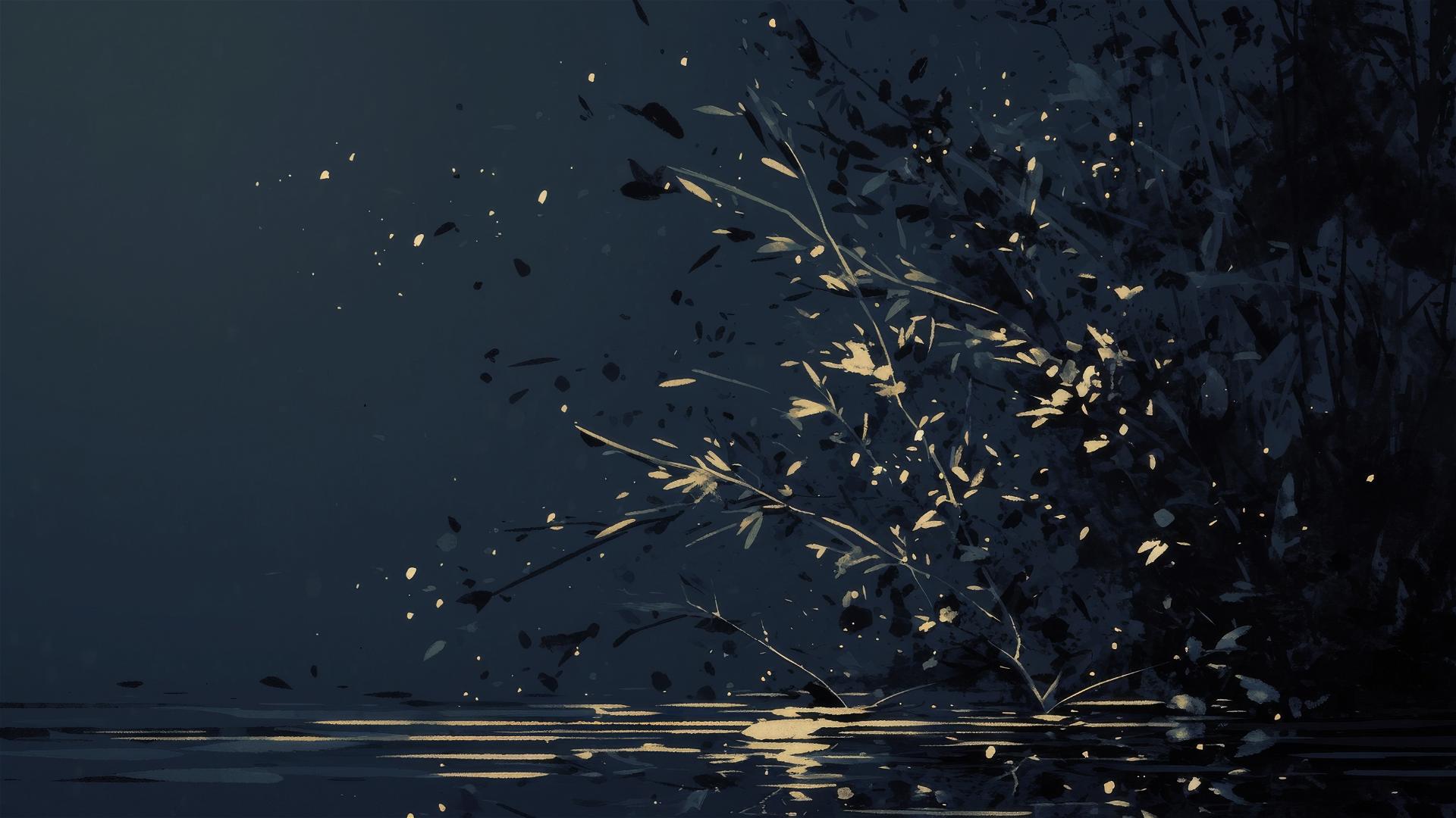 Minimalist dark scene with a lone willow by a pond, branches in water