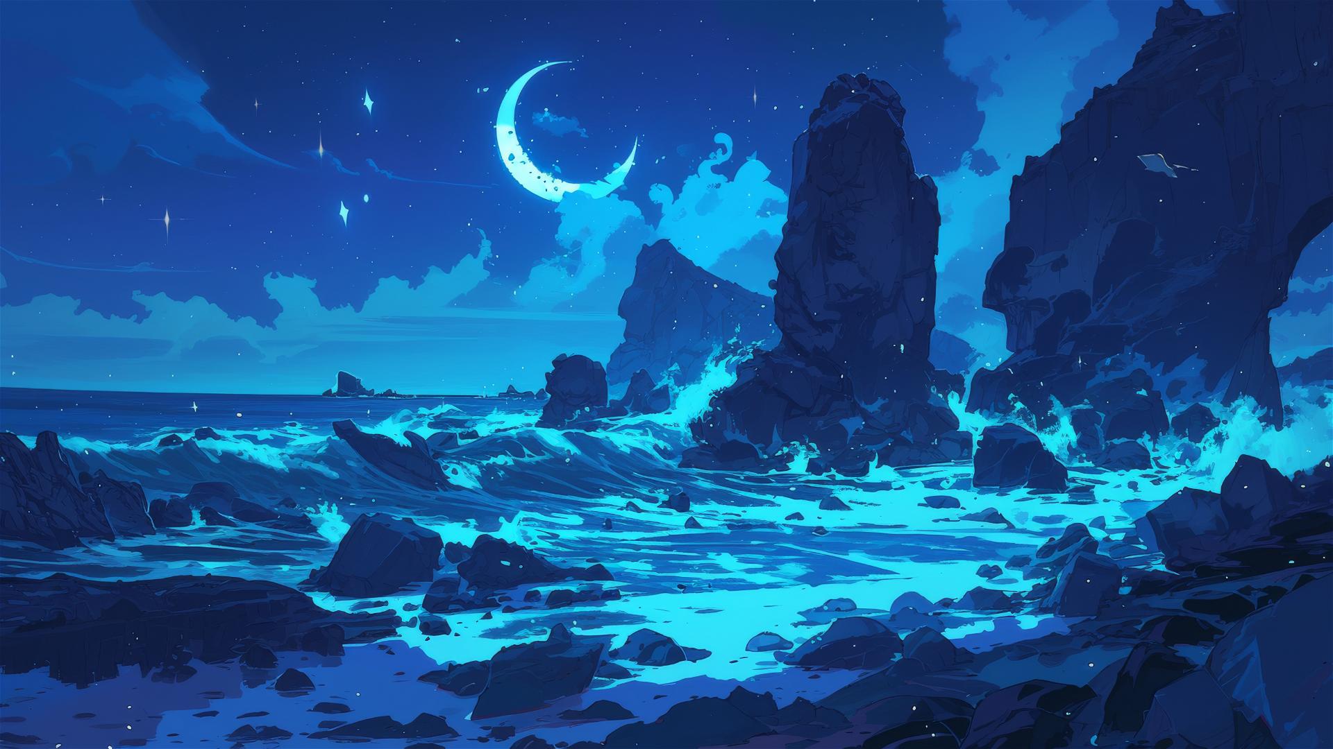 Dark volcanic coast with sparkling black sand under crescent moon