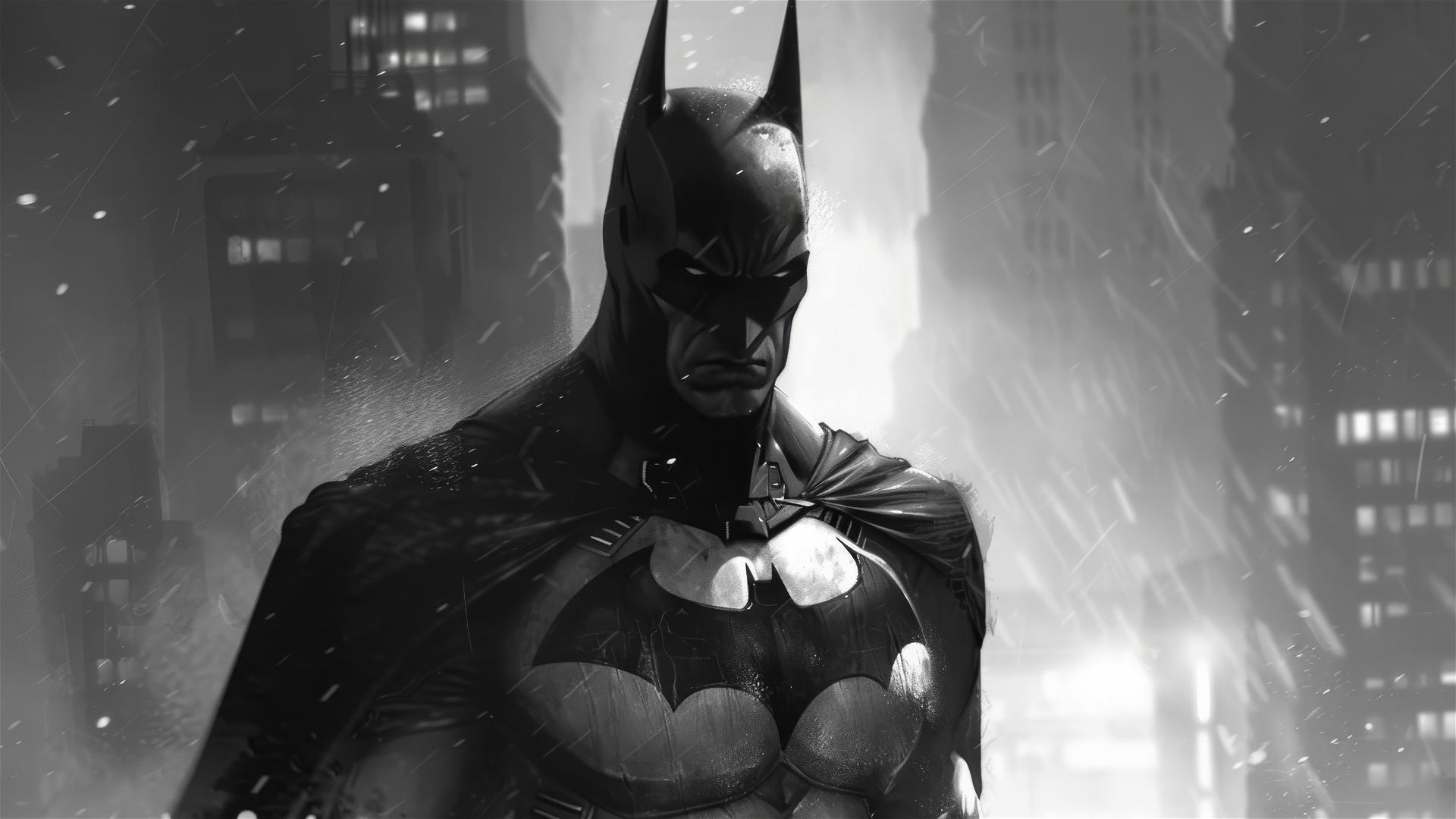 Batman in grayscale on a white background, Arkham City landscape