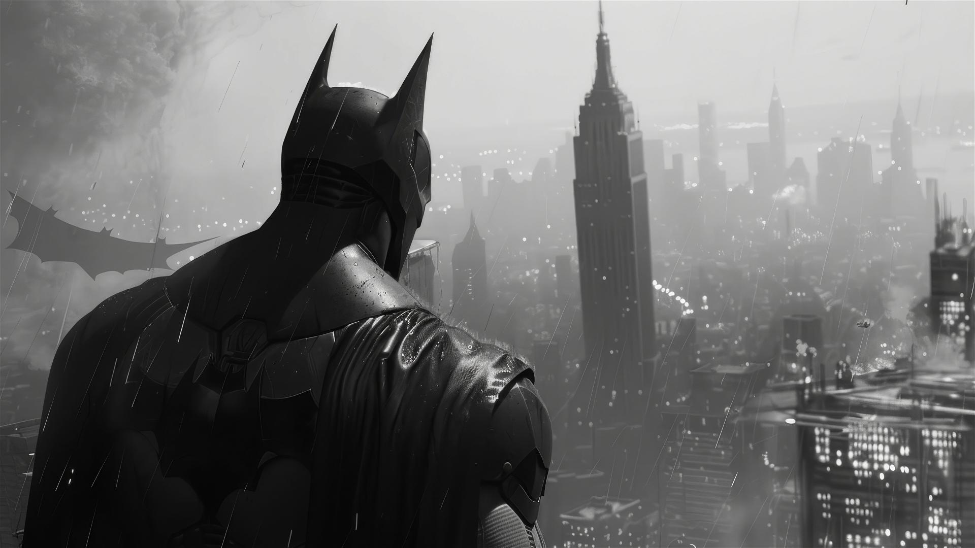 Batman overlooking Arkham City in grayscale on a white background
