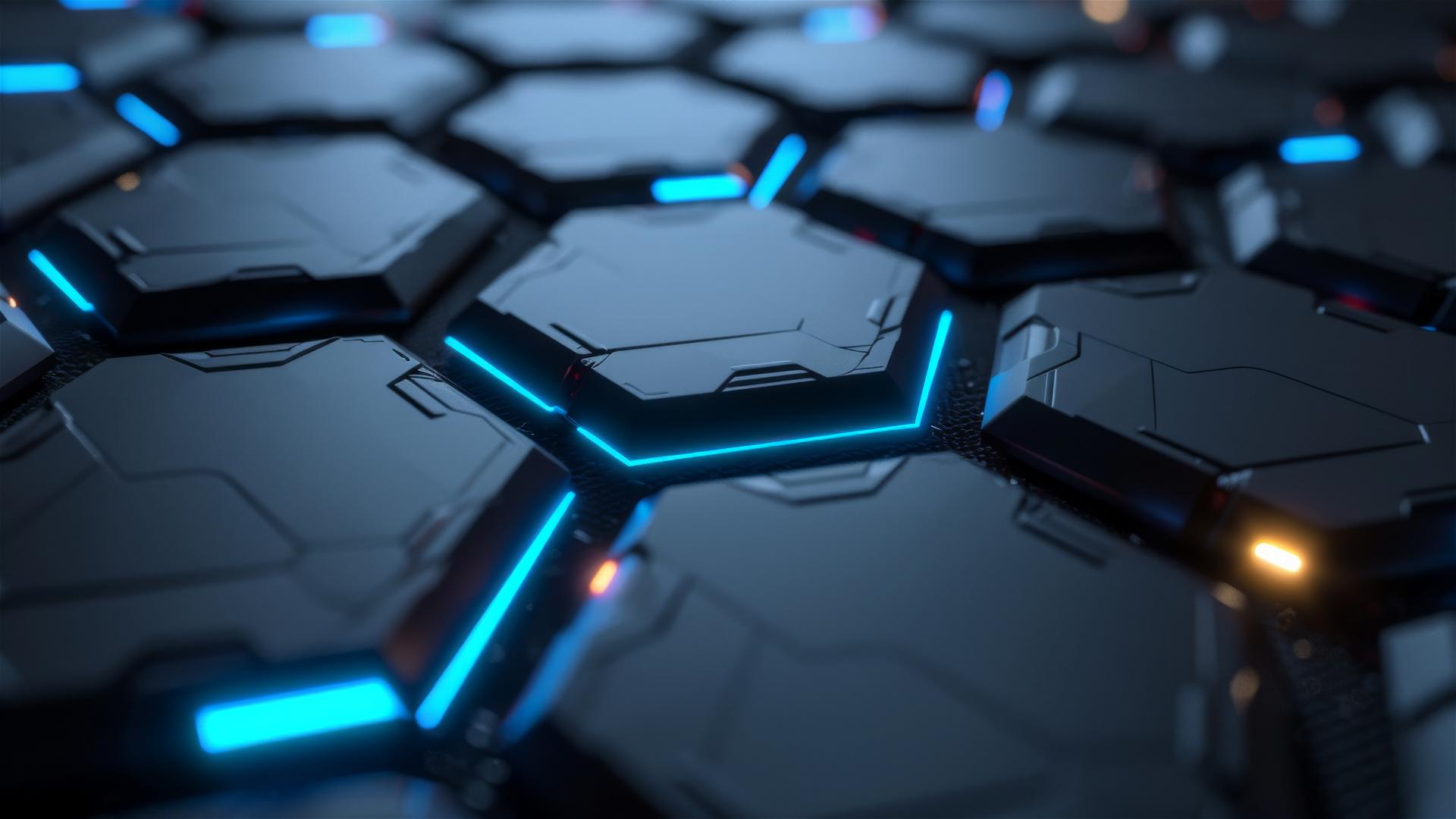 Black metallic hexagons with blue glowing edges in an abstract setting