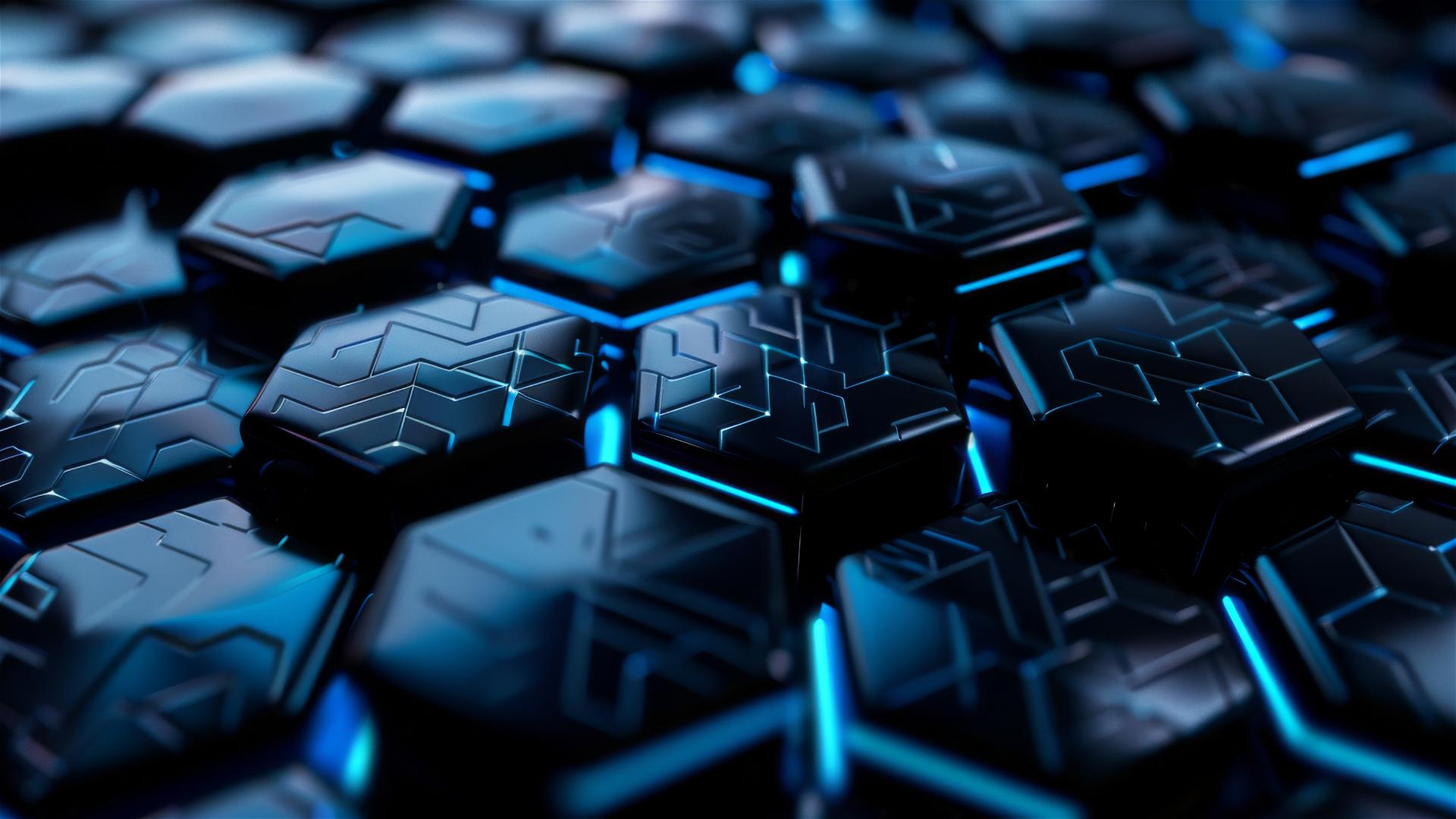 Black metallic hexagons with blue glowing edges and neon lights