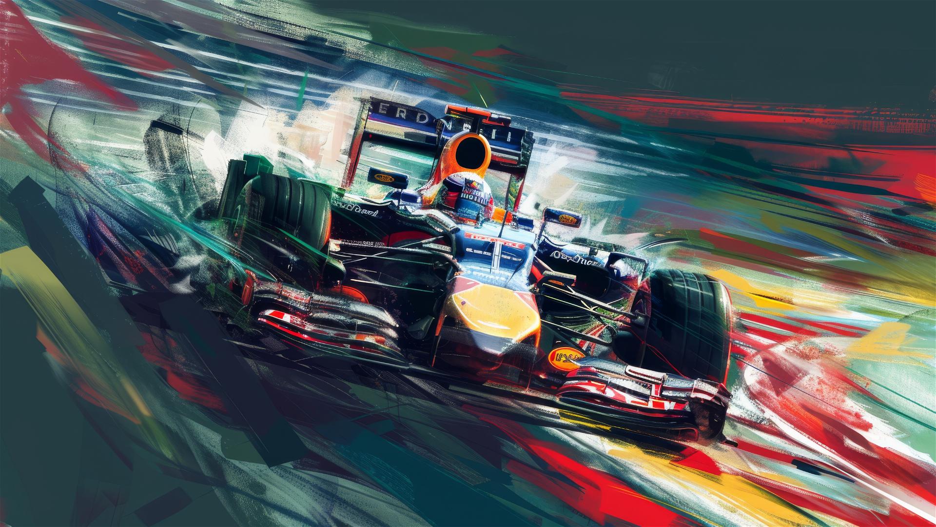 Car on track with bold primary colors in Eddie Jones & Rafael Albuquerque style