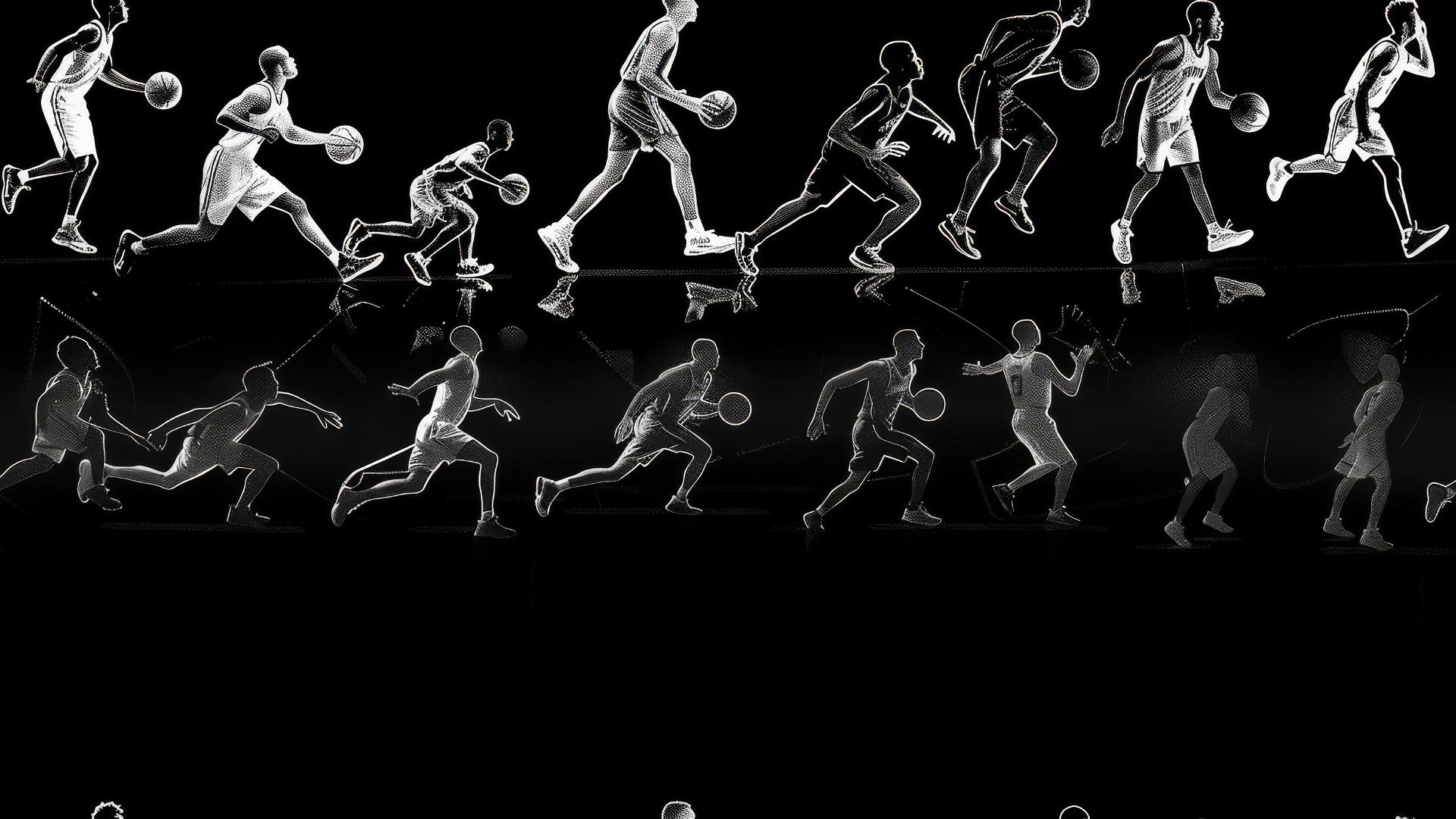 Basketball player silhouettes on a black background