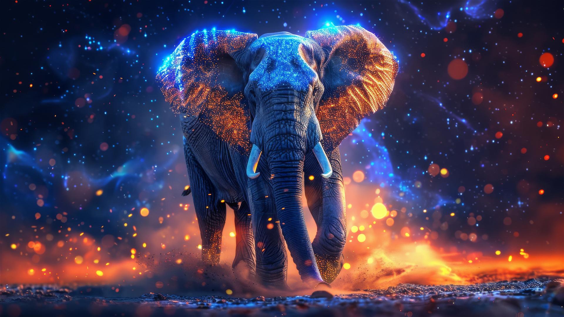 Realistic elephant roaring under starry sky with neon glow
