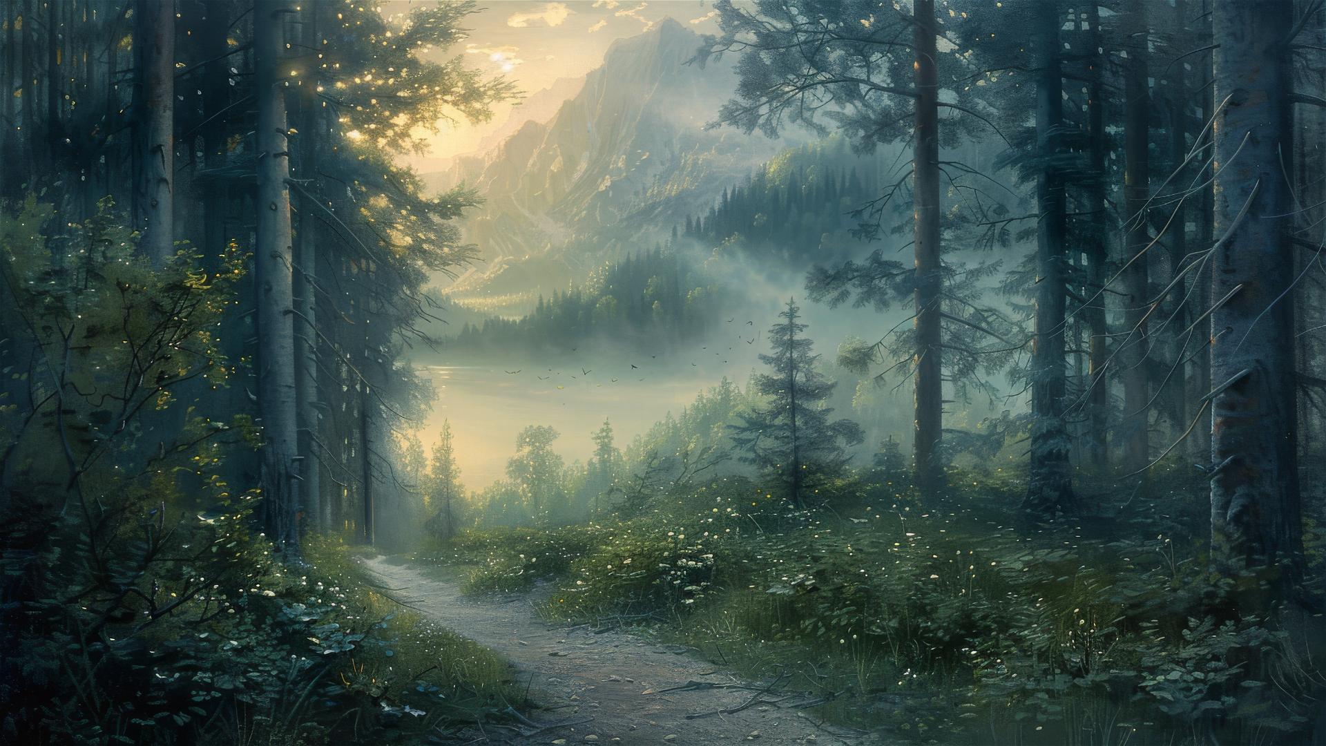 Serene luminism style landscape with glowing sunlit path, birds, and distant mountain.