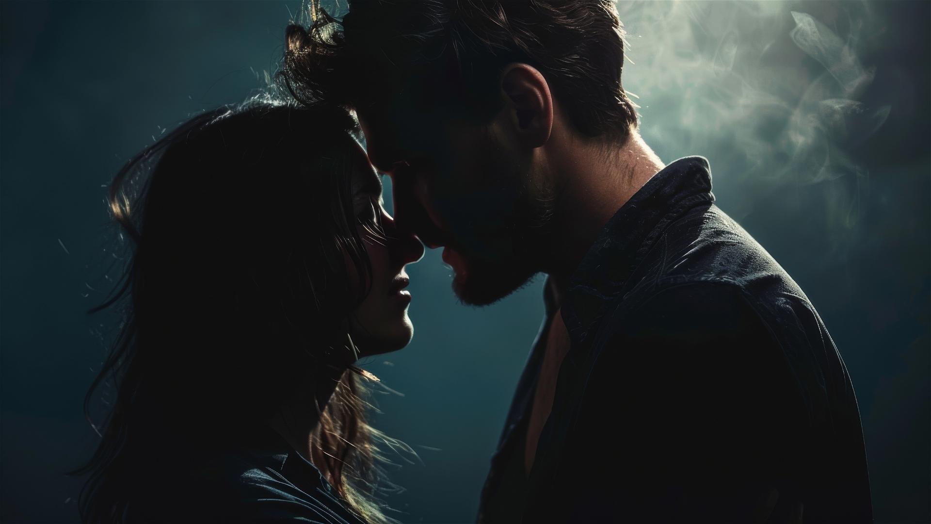 Affectionate 35-year-old couple embracing in a dark setting