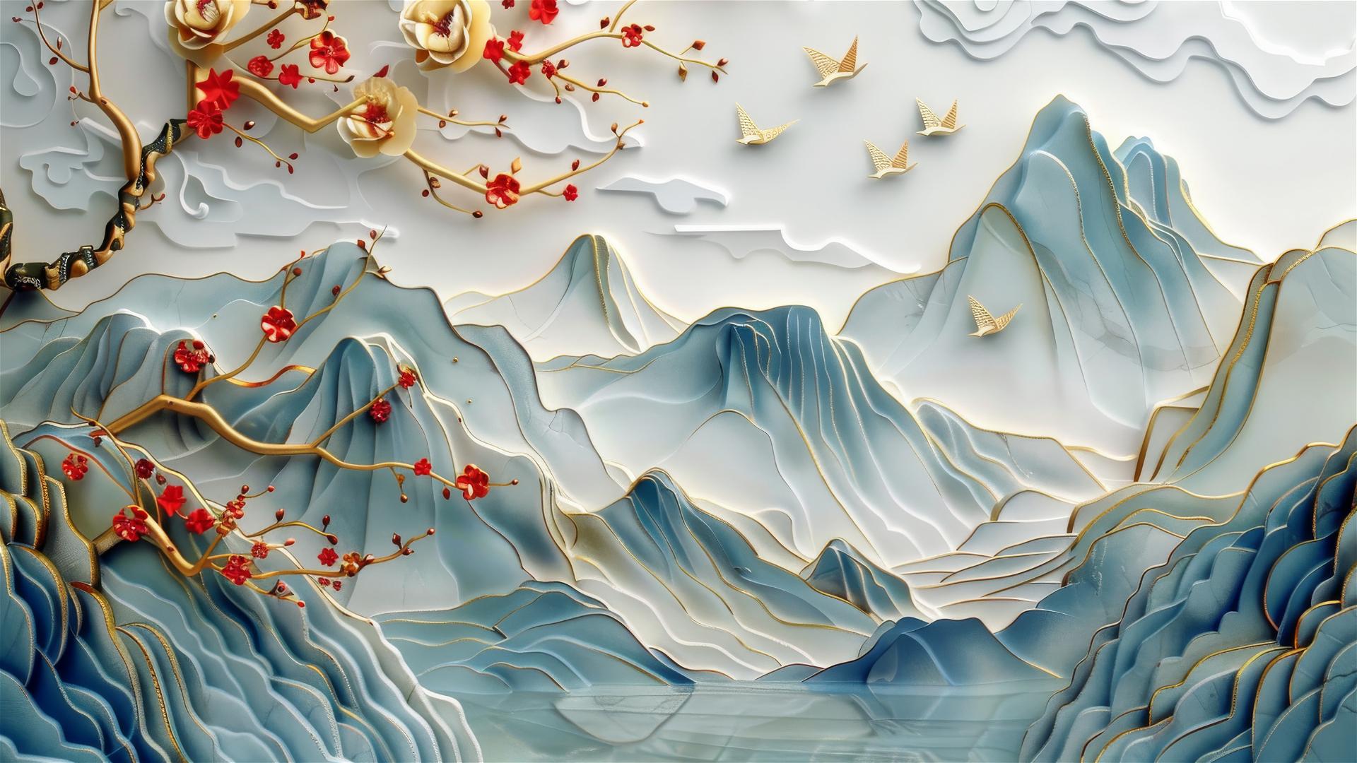 3D Asian painting of golden mountains and birds on trees in paper carving style, gold and blue with white and red accents