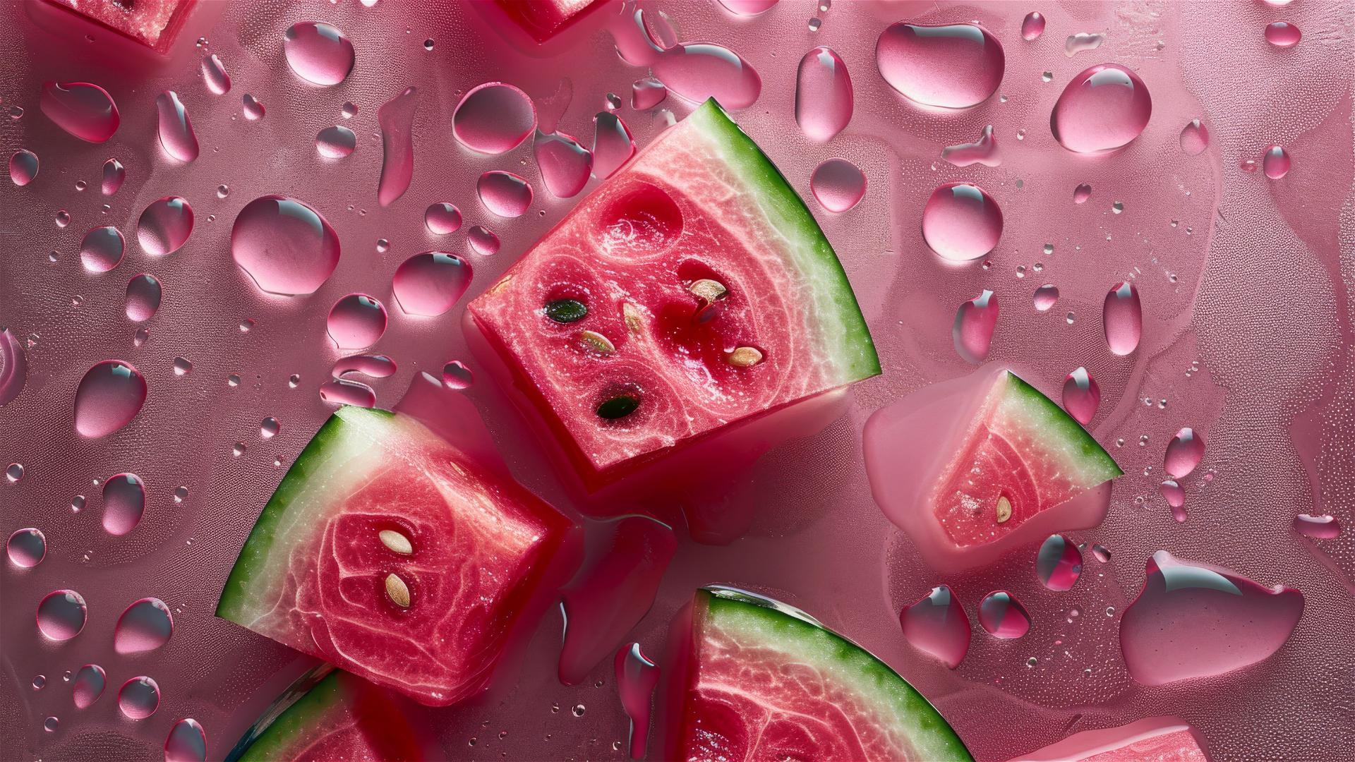 Fresh watermelon with glistening water droplets, top-down view, clean and sharp focus.