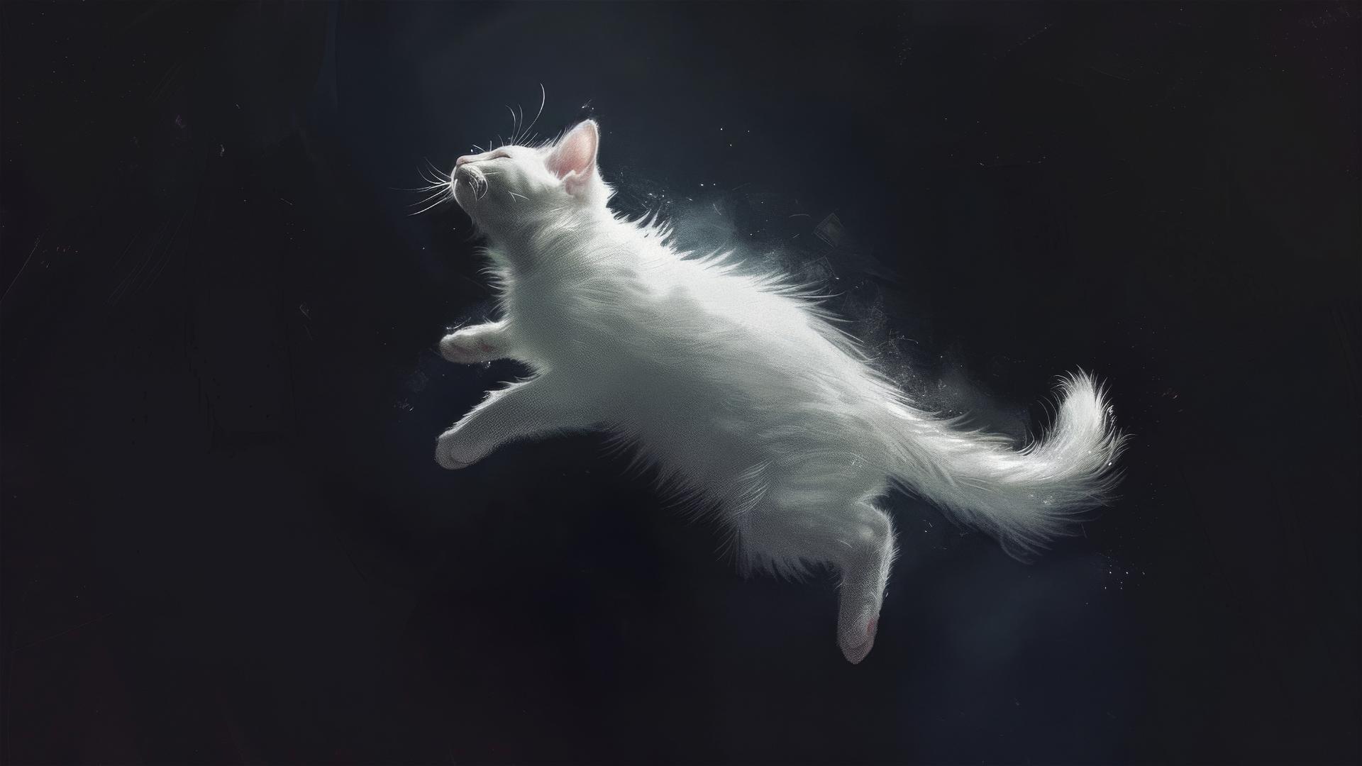 Cute magical white cat jumping with a happy, curious expression