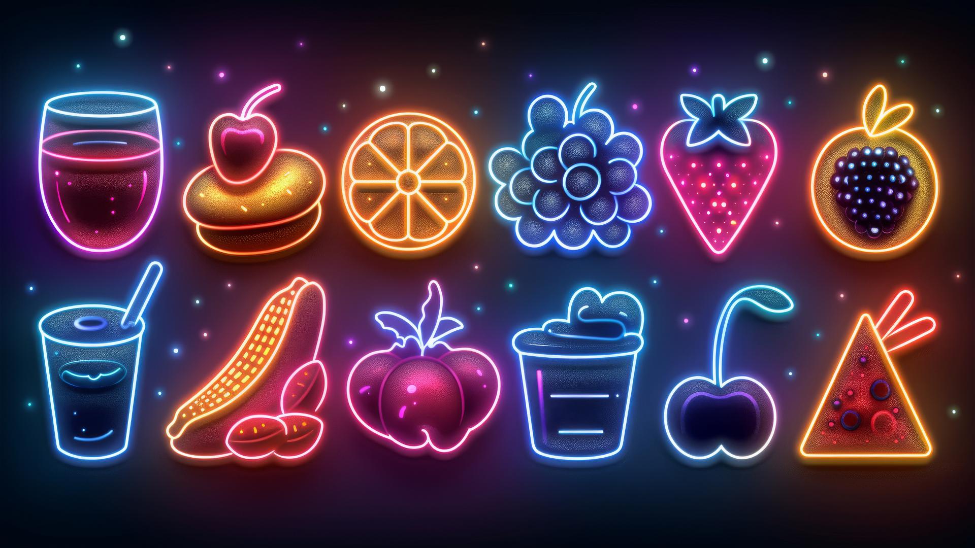 Colorful food icons on frosted glass with dark background