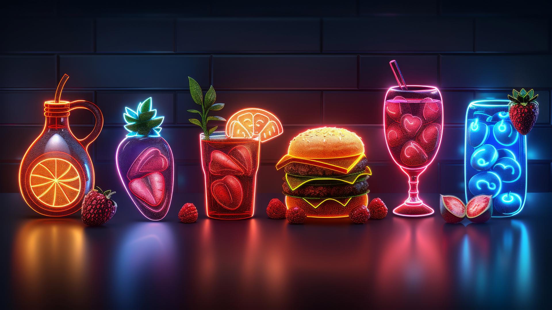 Outline food icons, frosted glass, colorful UI, flat, hyper detailed, neon light, dark background