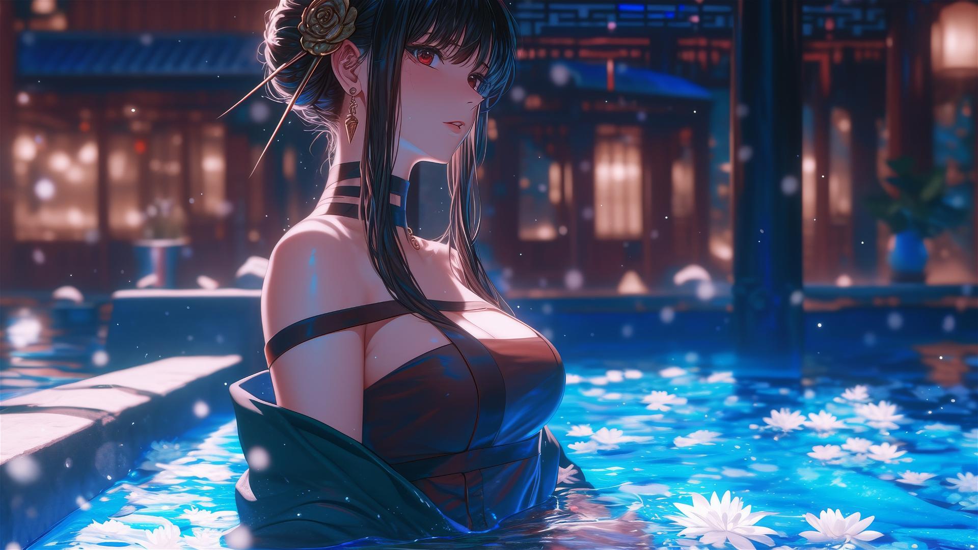 Yor Forger from Spy x Family in a flower-filled tub at a Chinese spa