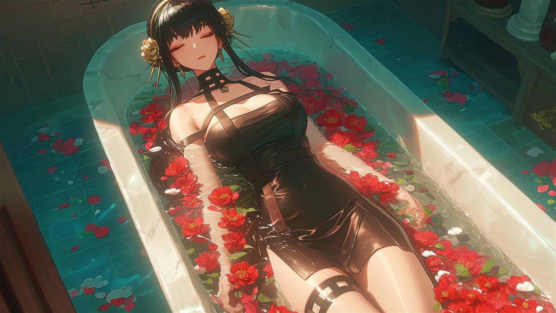 Yor Forger in a flower-filled tub inside a Chinese spa.