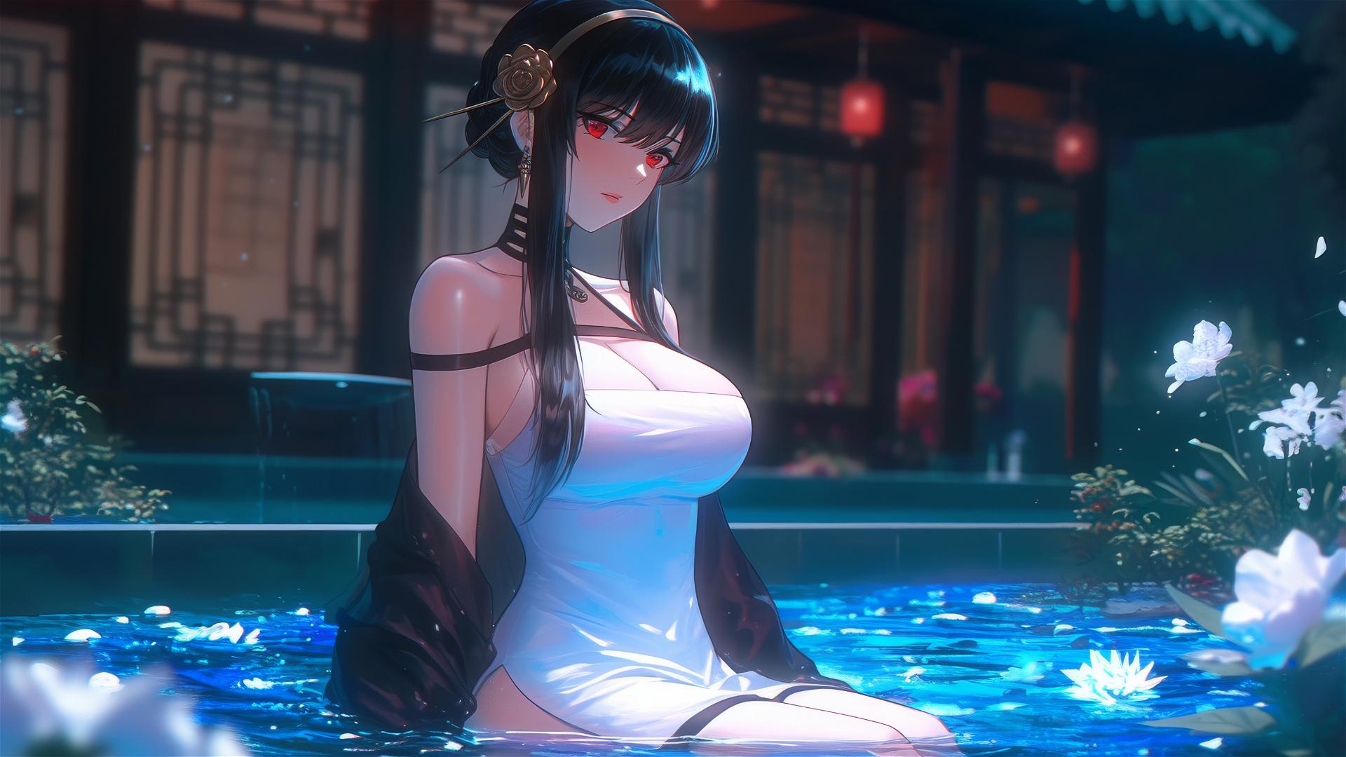 Yor Forger from Spy x Family in a flower-filled tub inside a Chinese spa